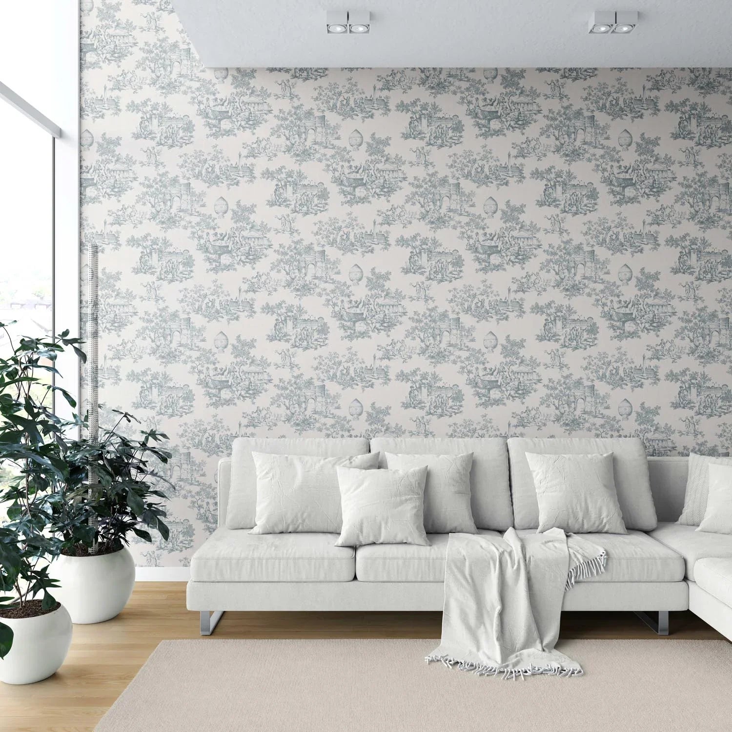 Toile de Jouy/ Nature Print Shower Toilet Wallpaper Sample (Blue/ Gray/ Off-White)