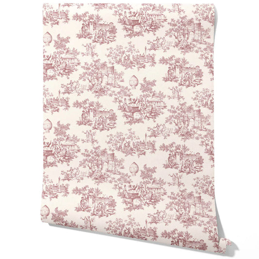 Toile de Jouy/ Nature Print Traditional Wallpaper Sample (Pink/ Off-White)