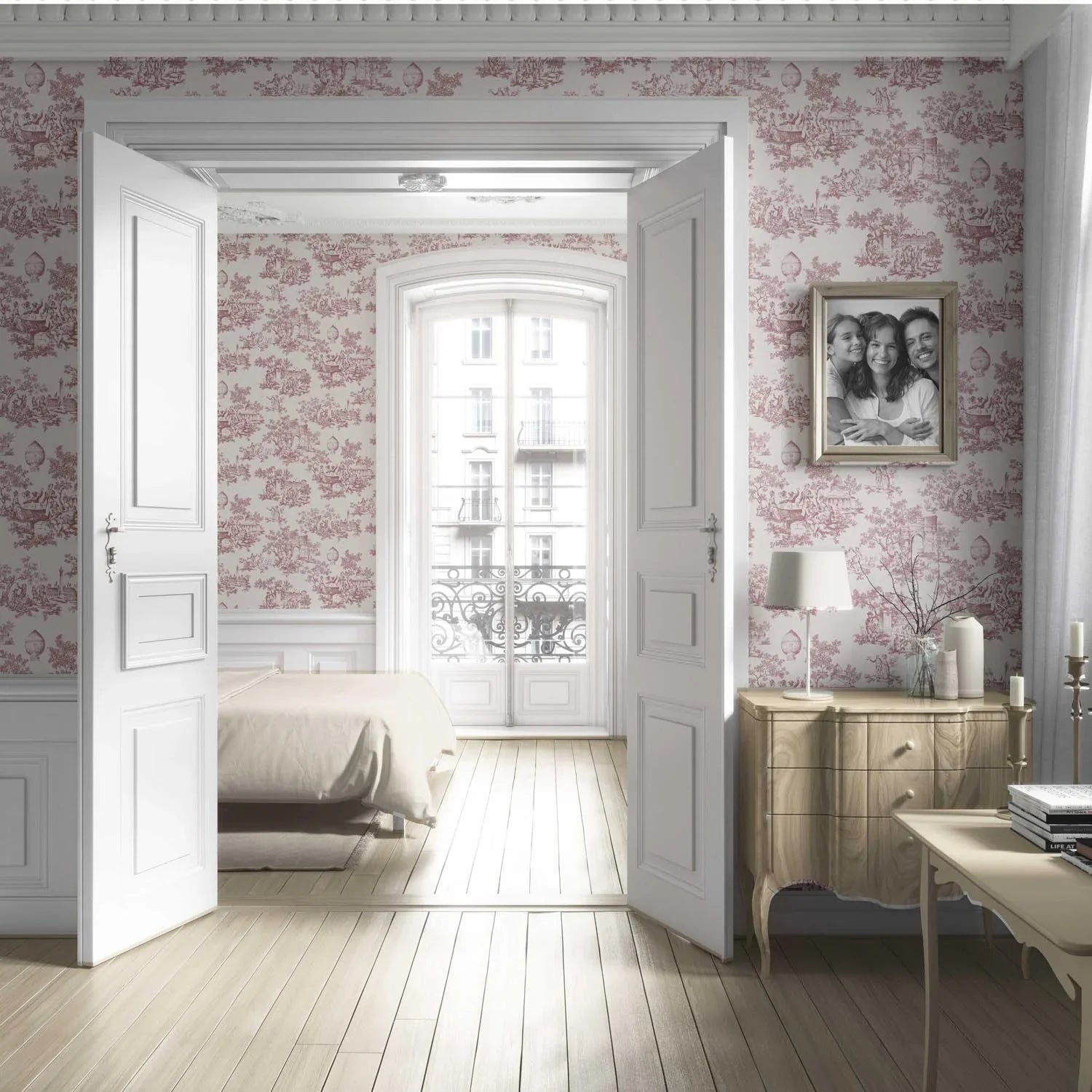 Toile de Jouy/ Nature Print Living Room Wallpaper Sample (Pink/ Off-White)