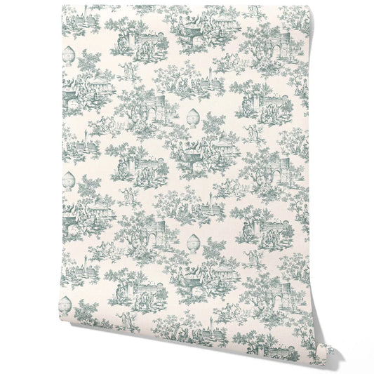 Toile de Jouy/ Nature Print Traditional Wallpaper Sample (Duck Egg Blue/ Off-White)