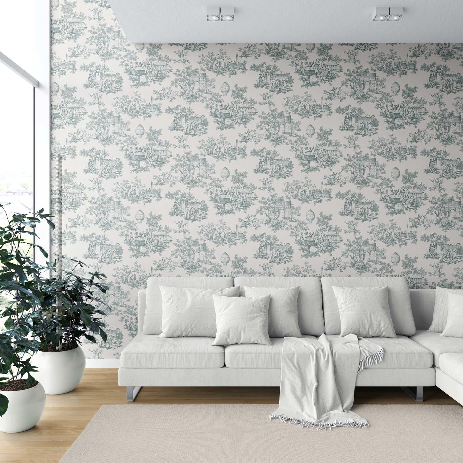 Toile de Jouy/ Nature Print Shower Toilet Wallpaper Sample (Duck Egg Blue/ Off-White)