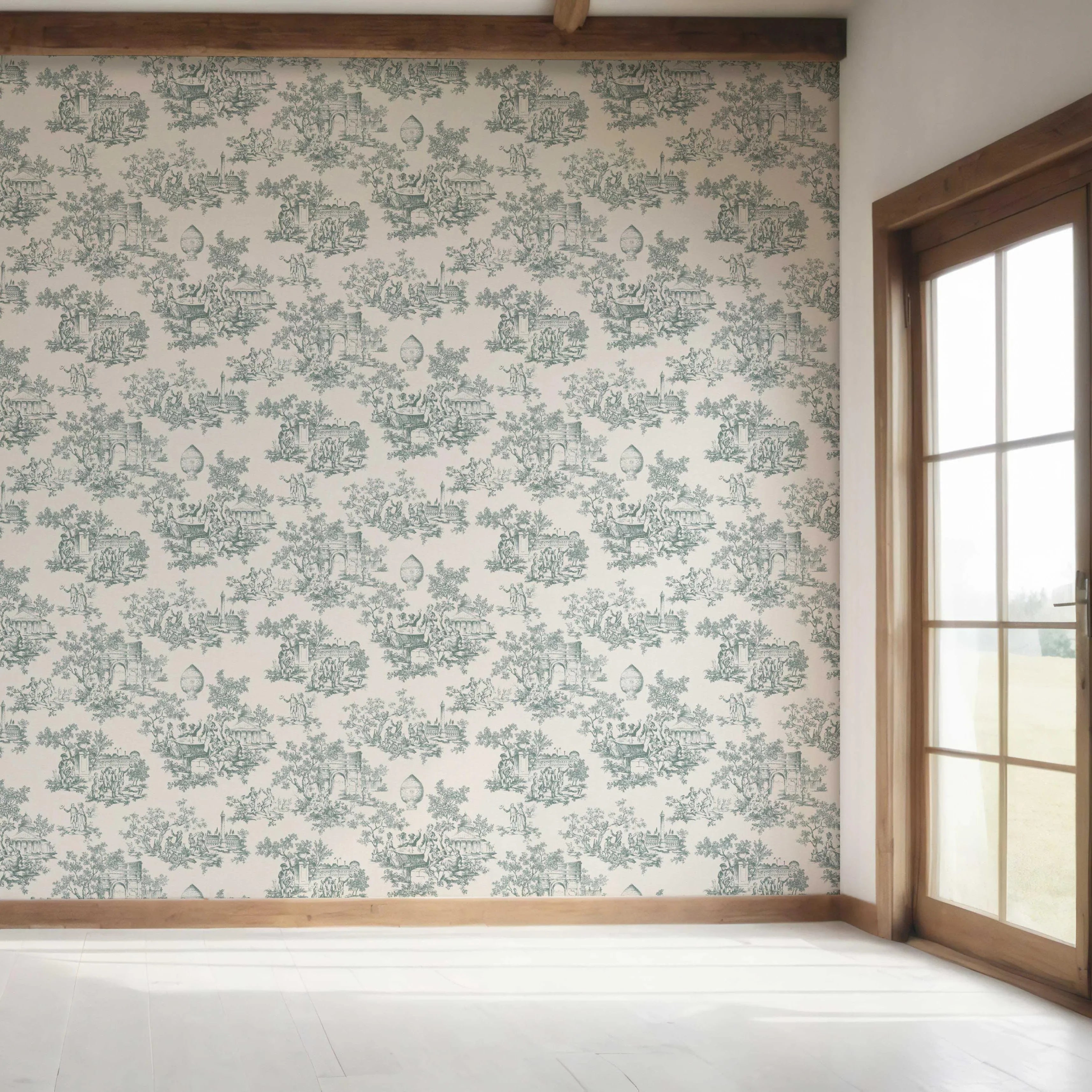 Toile de Jouy/ Nature Print Bedroom Wallpaper Sample (Duck Egg Blue/ Off-White)