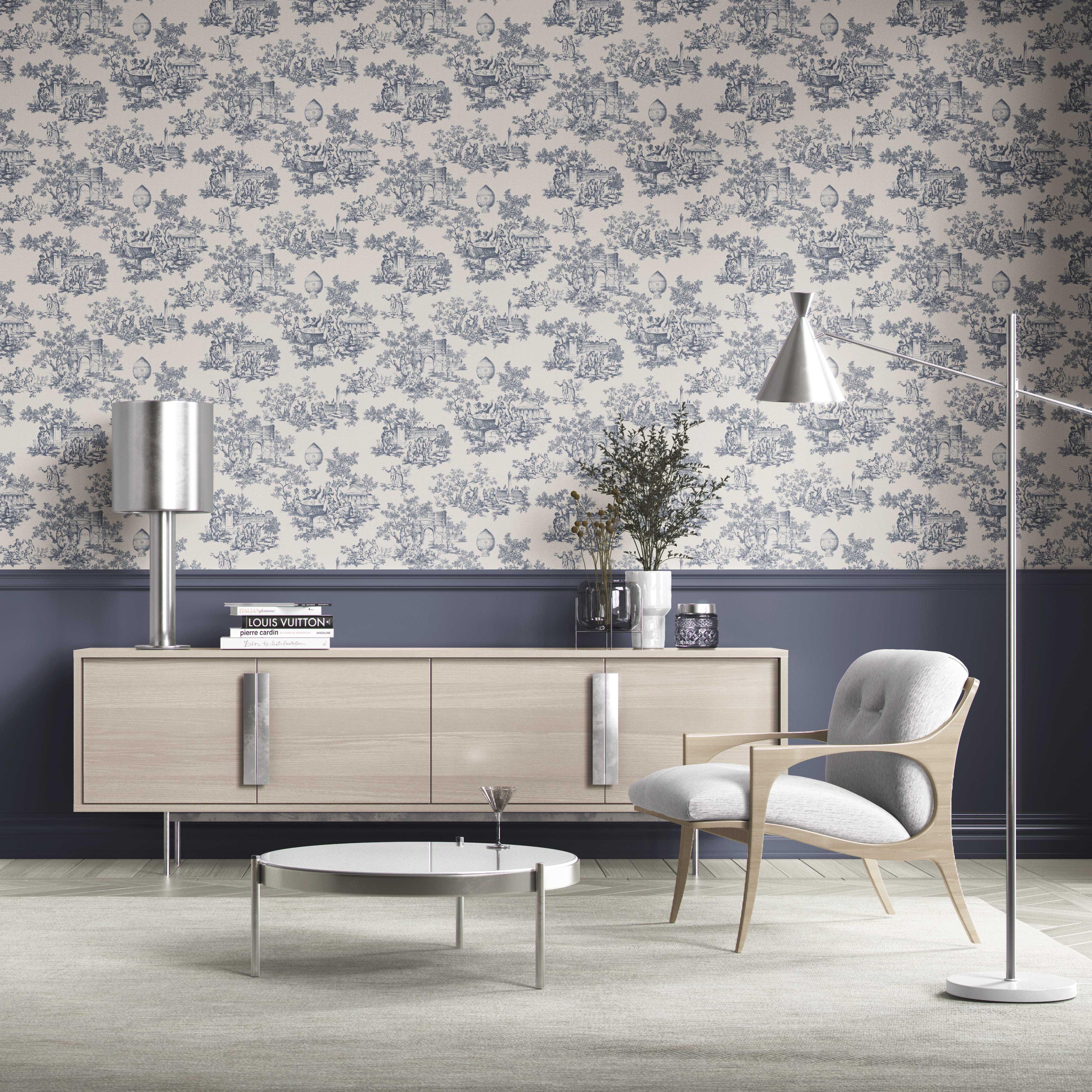 Toile de Jouy/ Nature Print Kitchen Wallpaper Sample (Navy Blue/ Off-White)