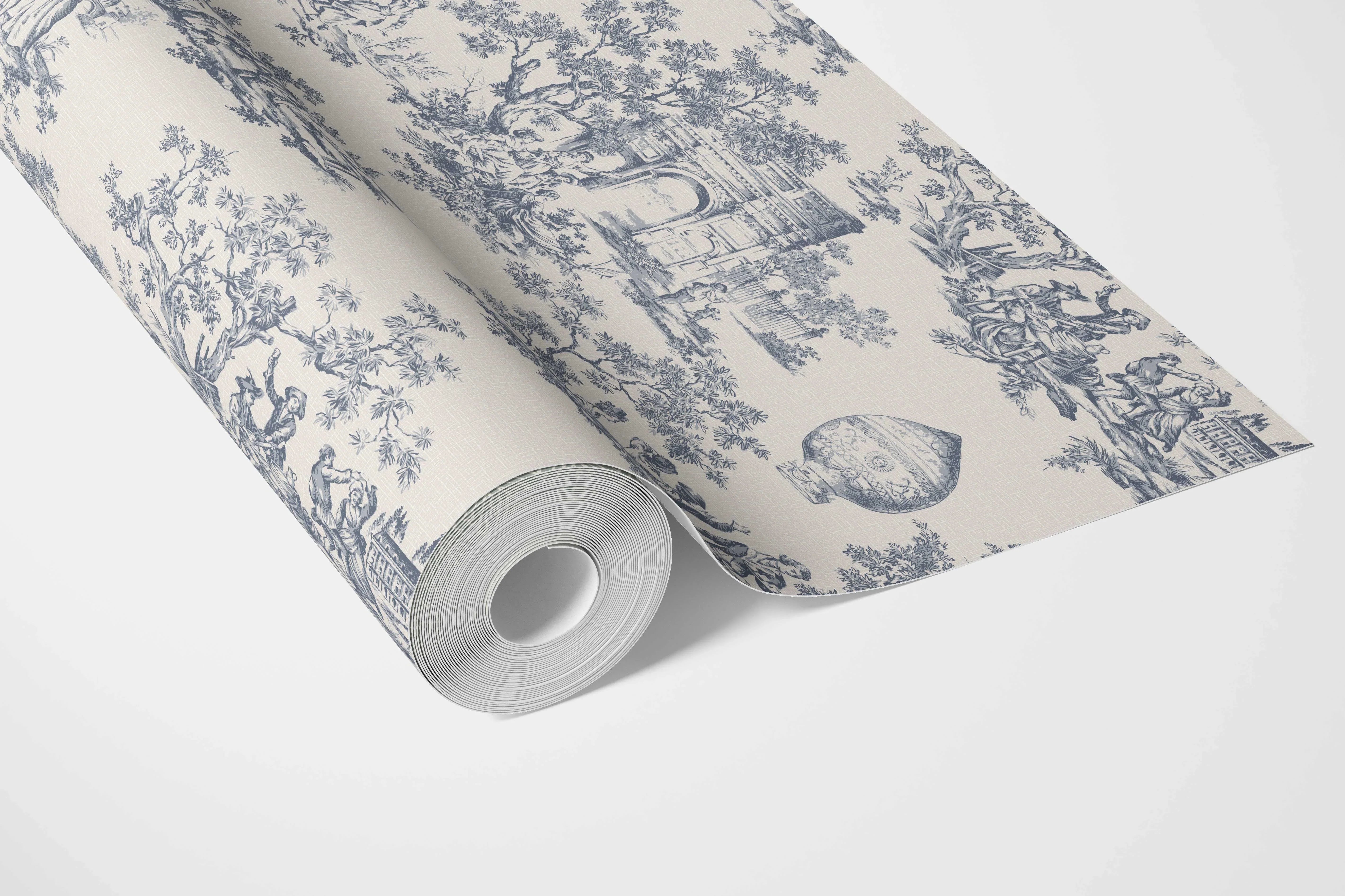 Toile de Jouy/ Nature Print Bathroom Wallpaper (Navy Blue/ Off-White)
