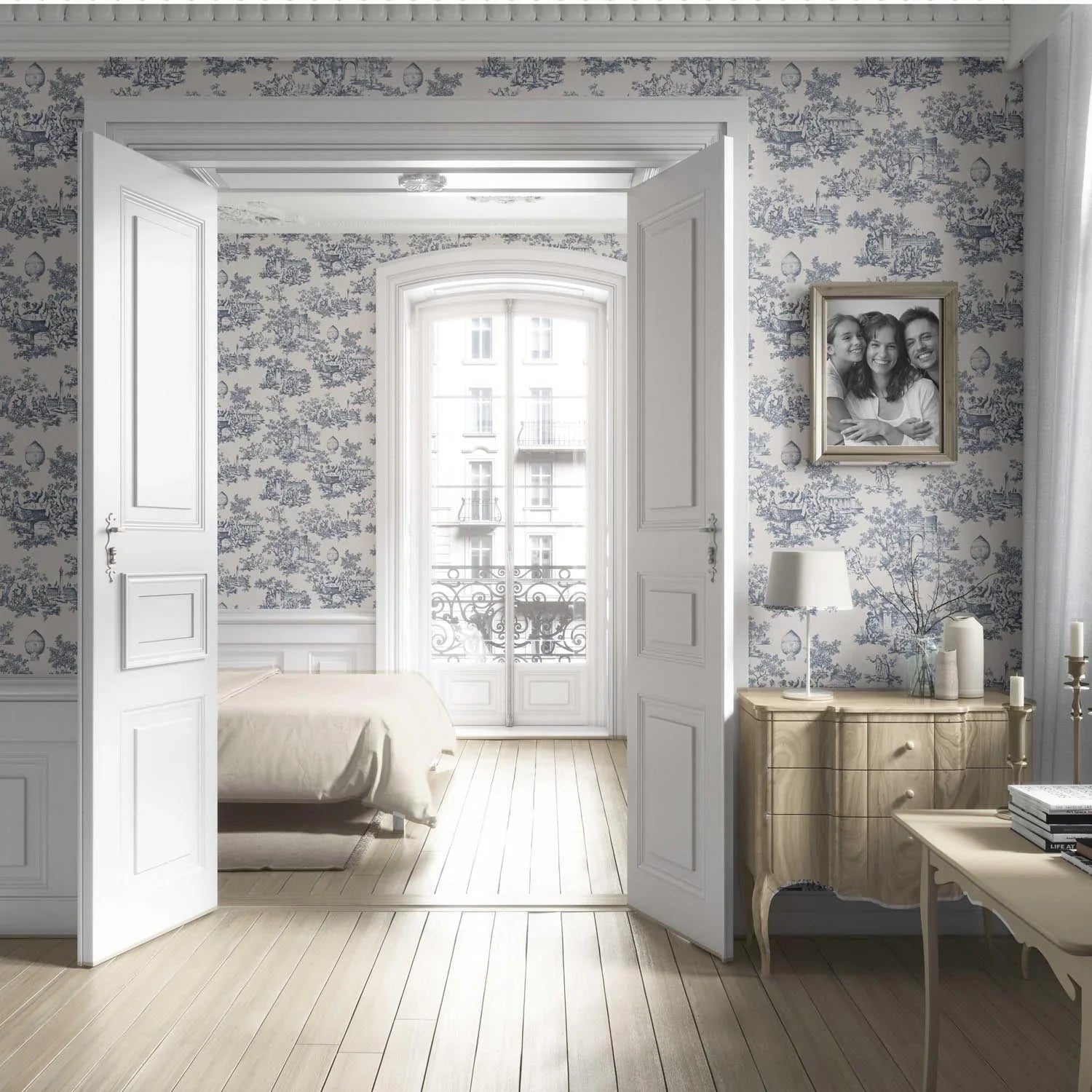 Toile de Jouy/ Nature Print Living Room Wallpaper Sample (Navy Blue/ Off-White)