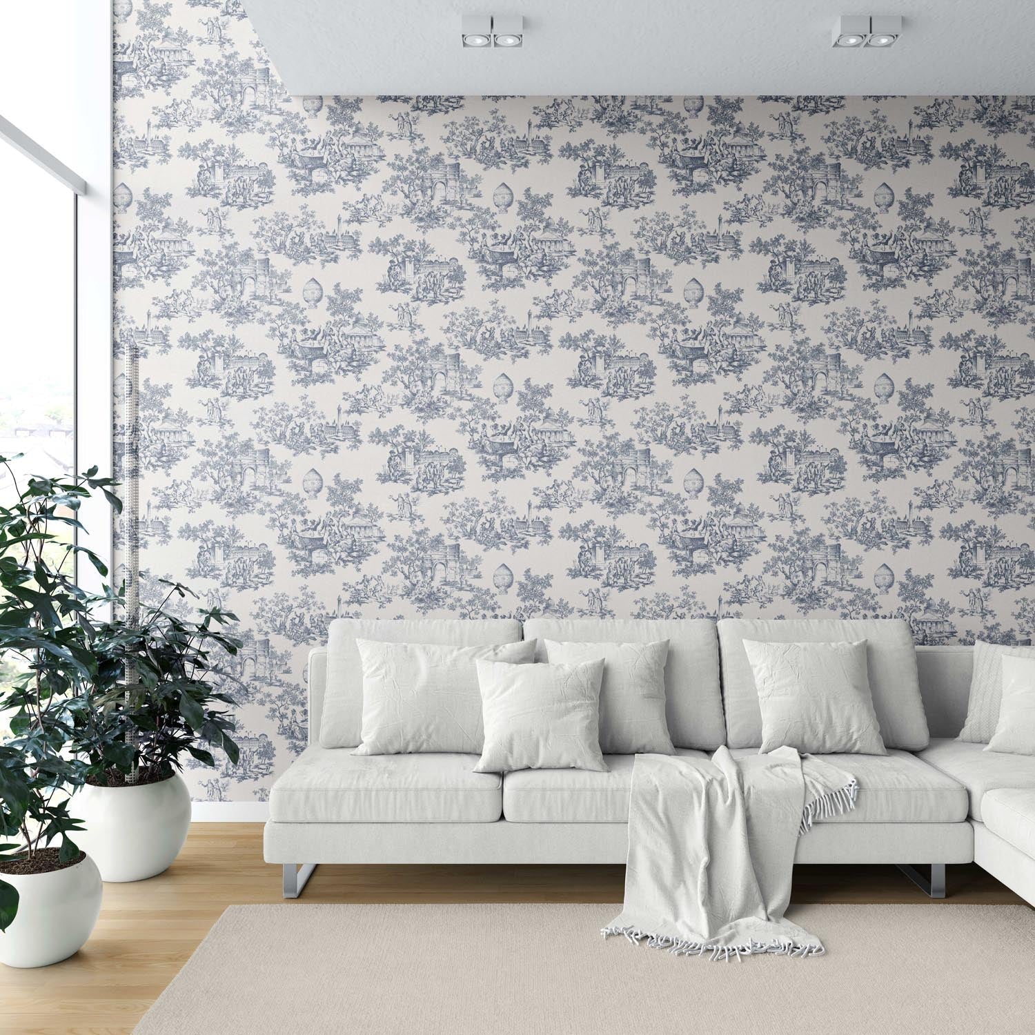 Toile de Jouy/ Nature Print Shower Toilet Wallpaper Sample (Navy Blue/ Off-White)