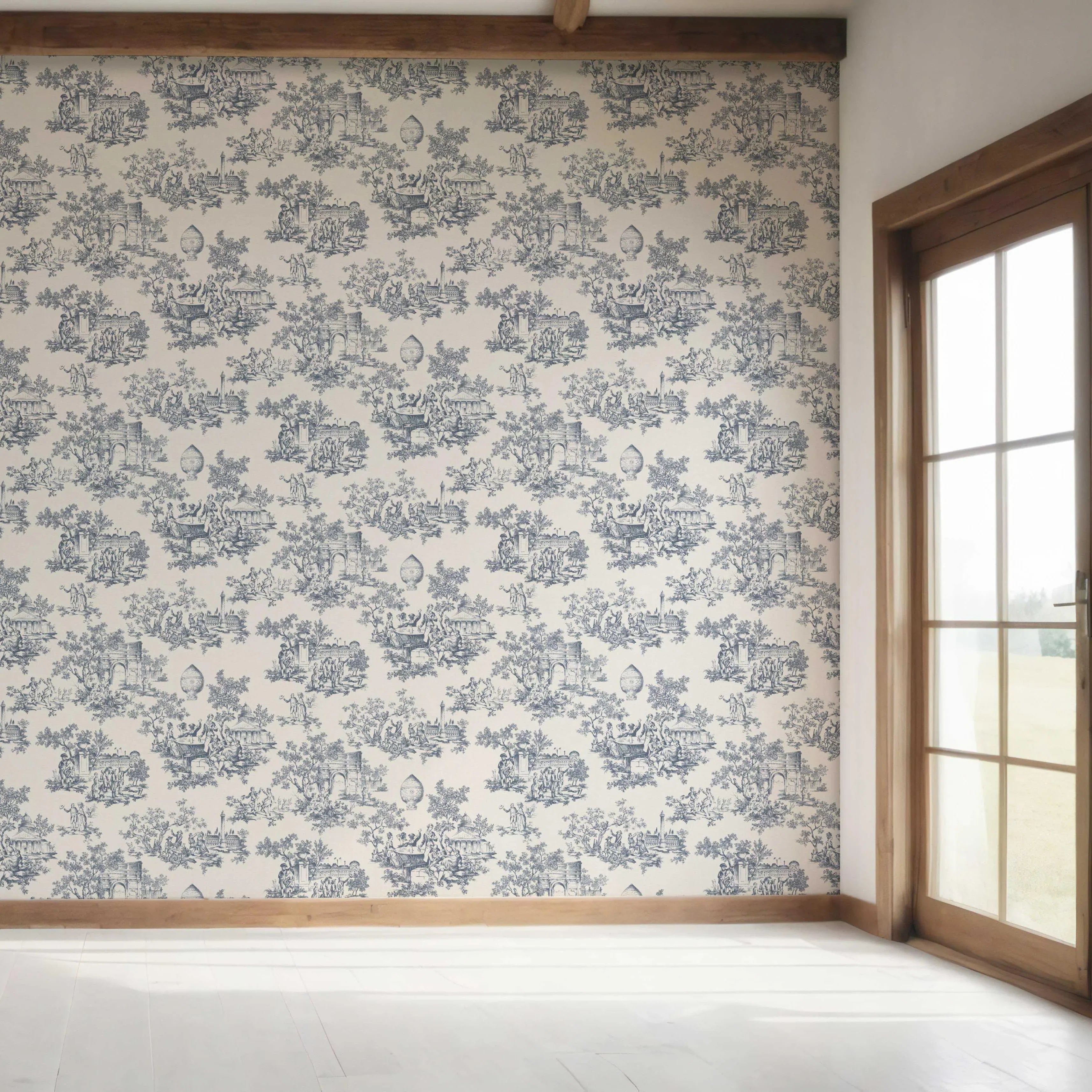 Toile de Jouy/ Nature Print Bedroom Wallpaper Sample (Navy Blue/ Off-White)