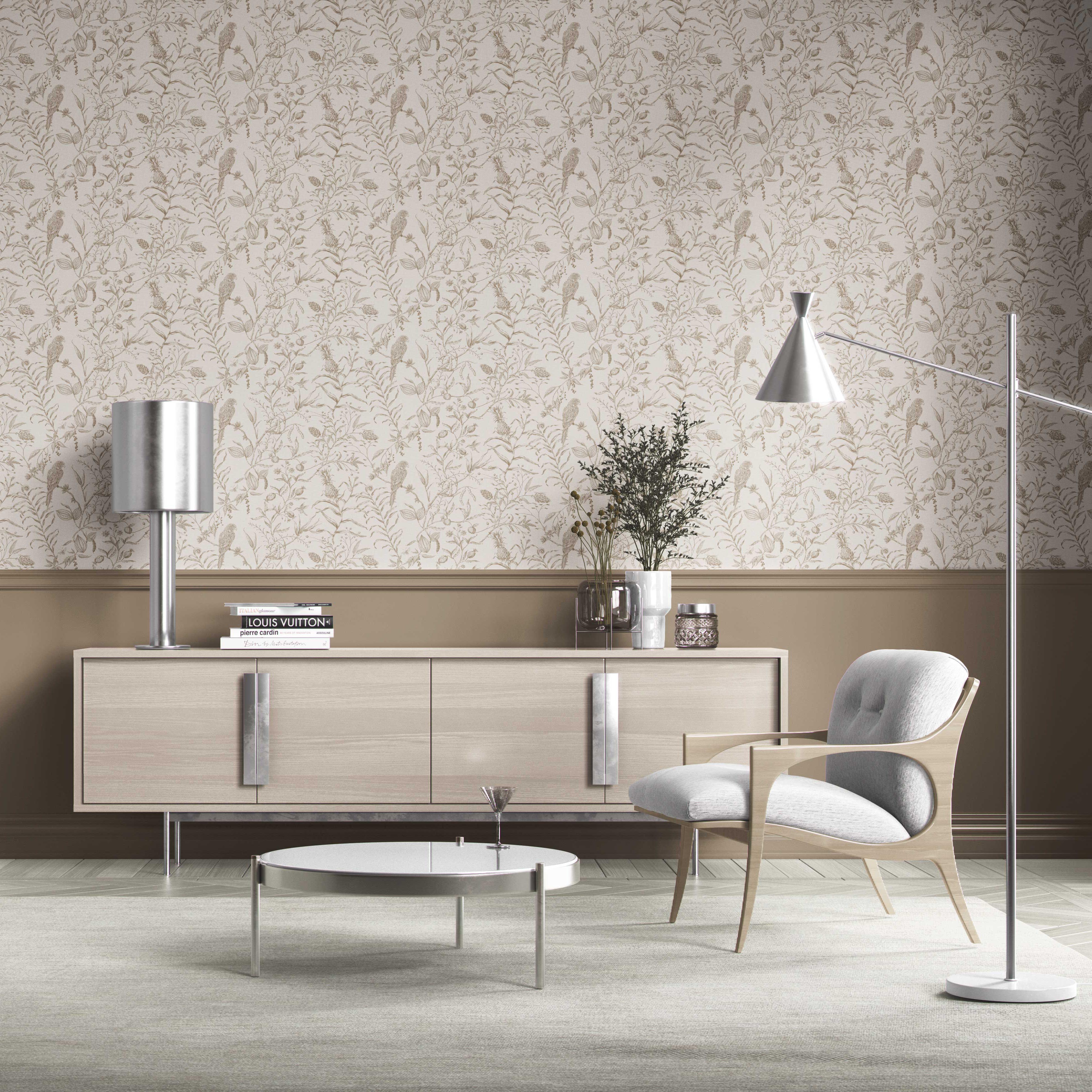 Birds Print/ Botanical Kitchen Wallpaper Beige/ Brown/ Warm Gray