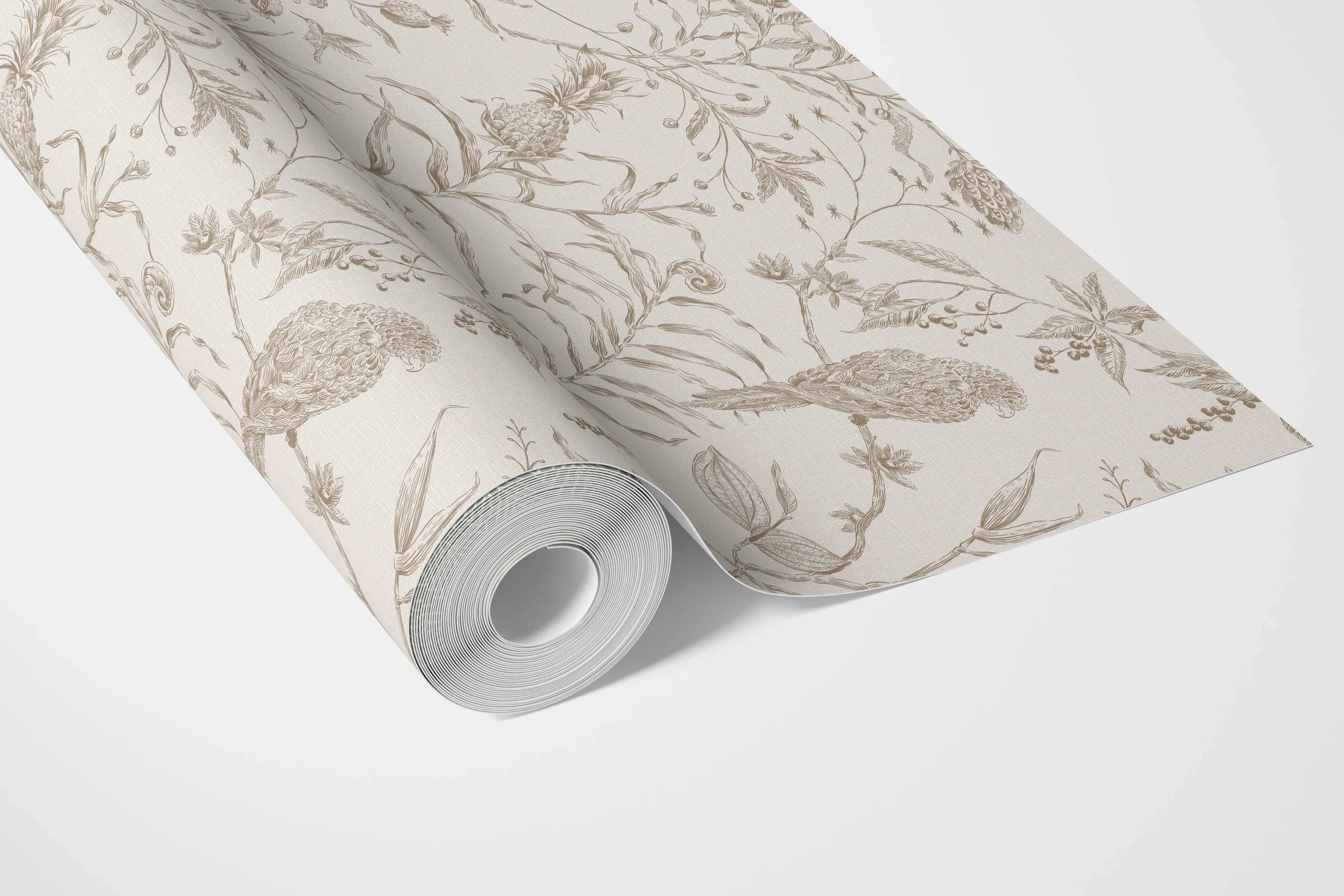 Birds Print/ Botanical Bathroom Wallpaper Beige/ Brown/ Warm Gray