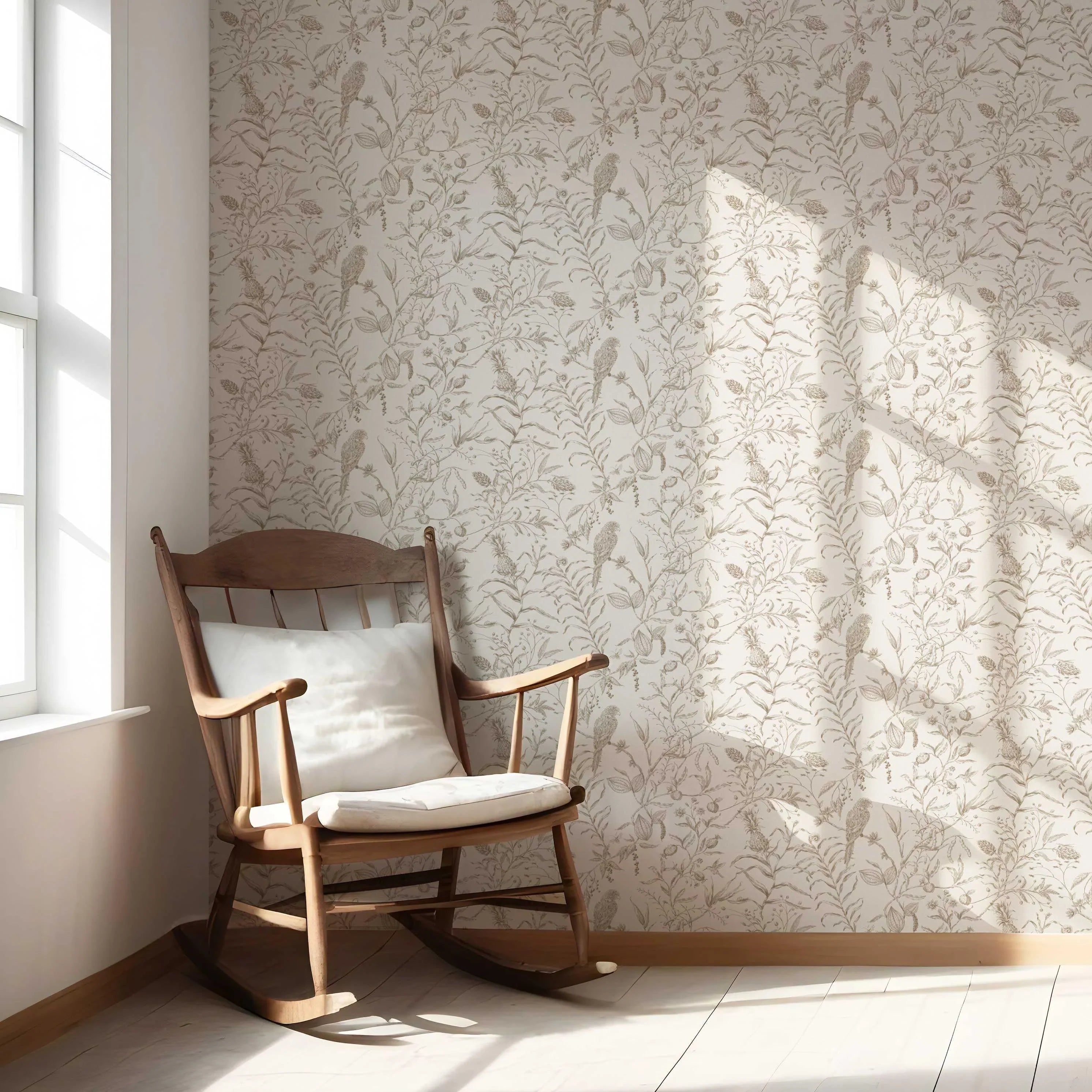 Birds Print/ Botanical Nursery Wallpaper Beige/ Brown/ Warm Gray