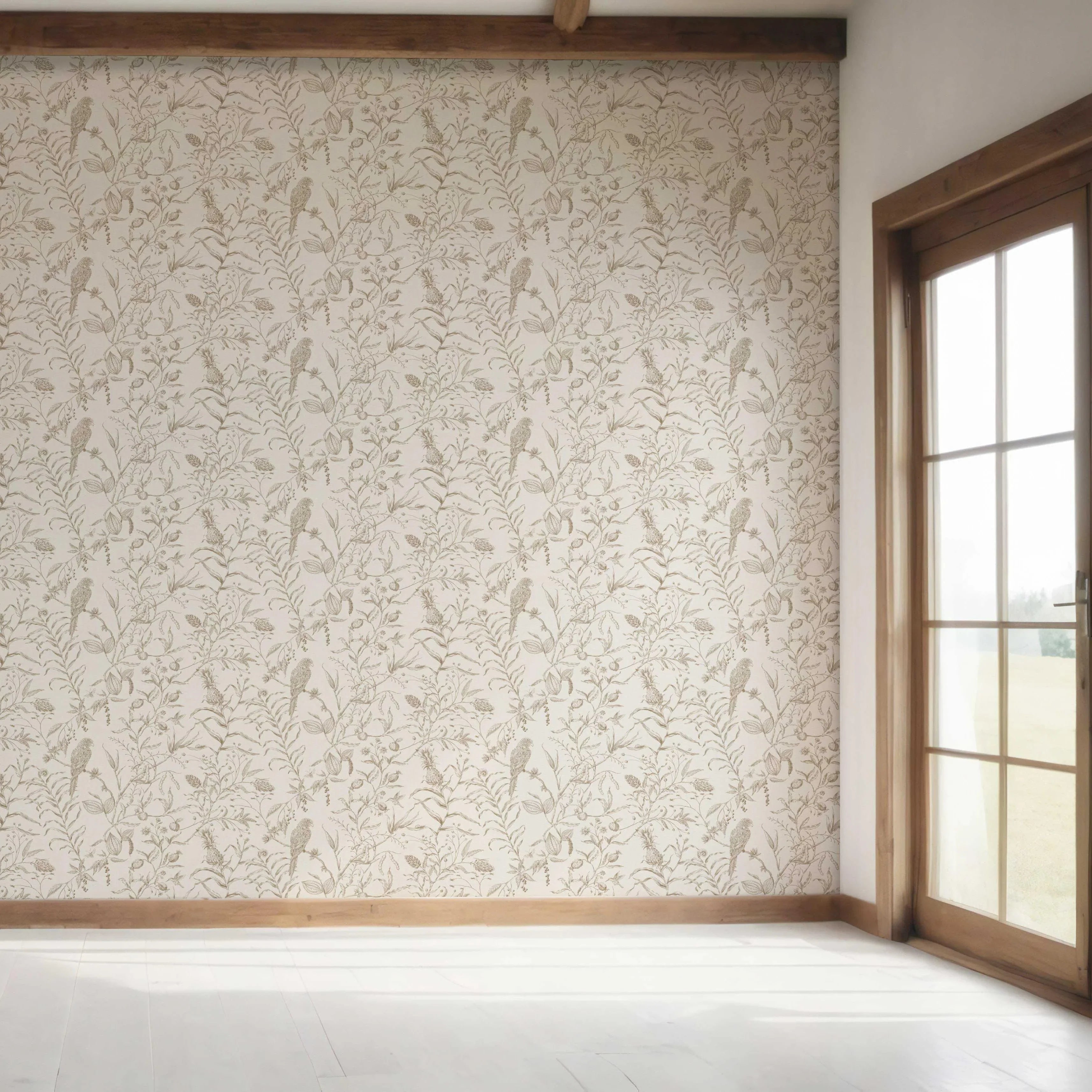Birds Print/ Botanical Bedroom Wallpaper Beige/ Brown/ Warm Gray