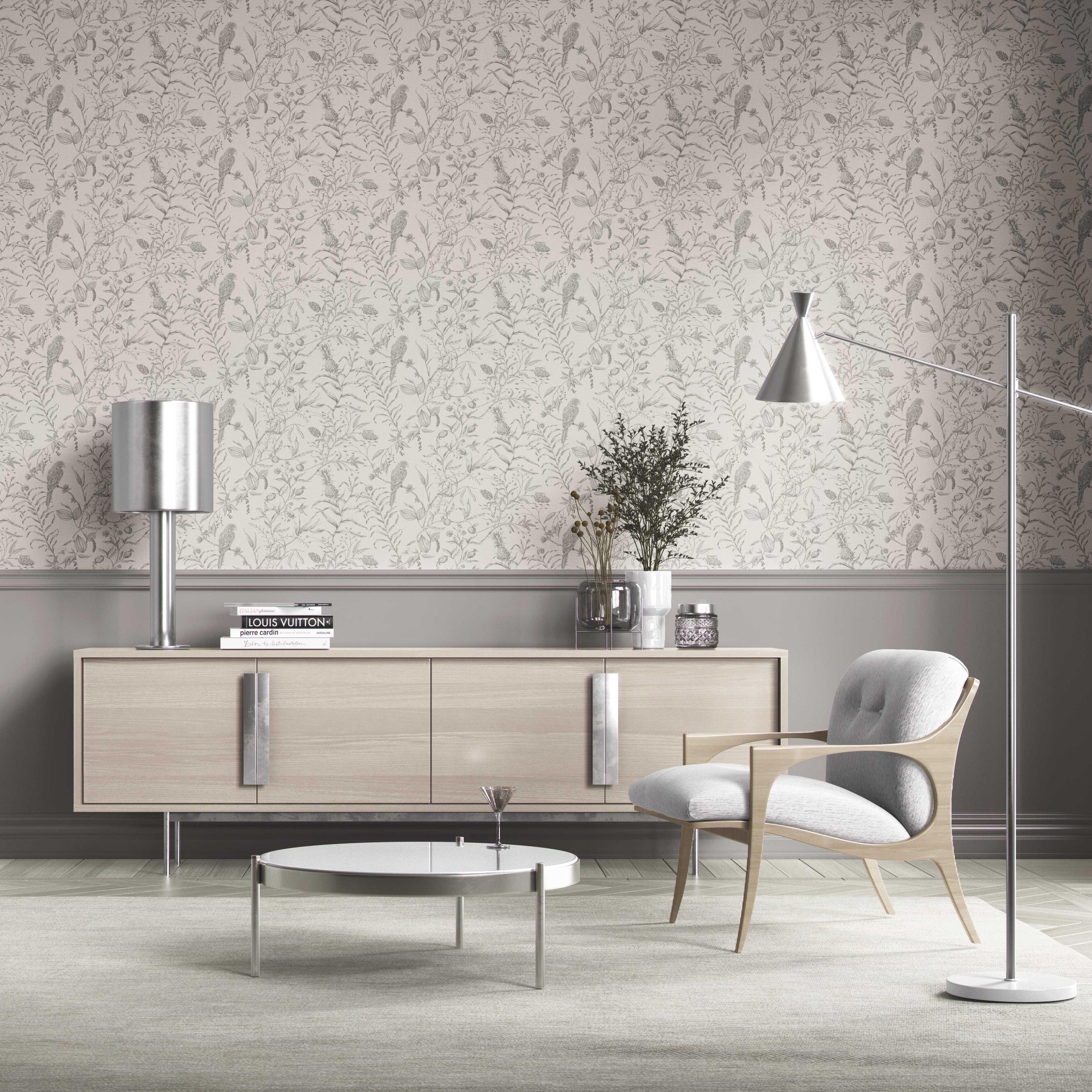 Birds Print/ Botanical Kitchen Wallpaper (Gray/ Off-White)