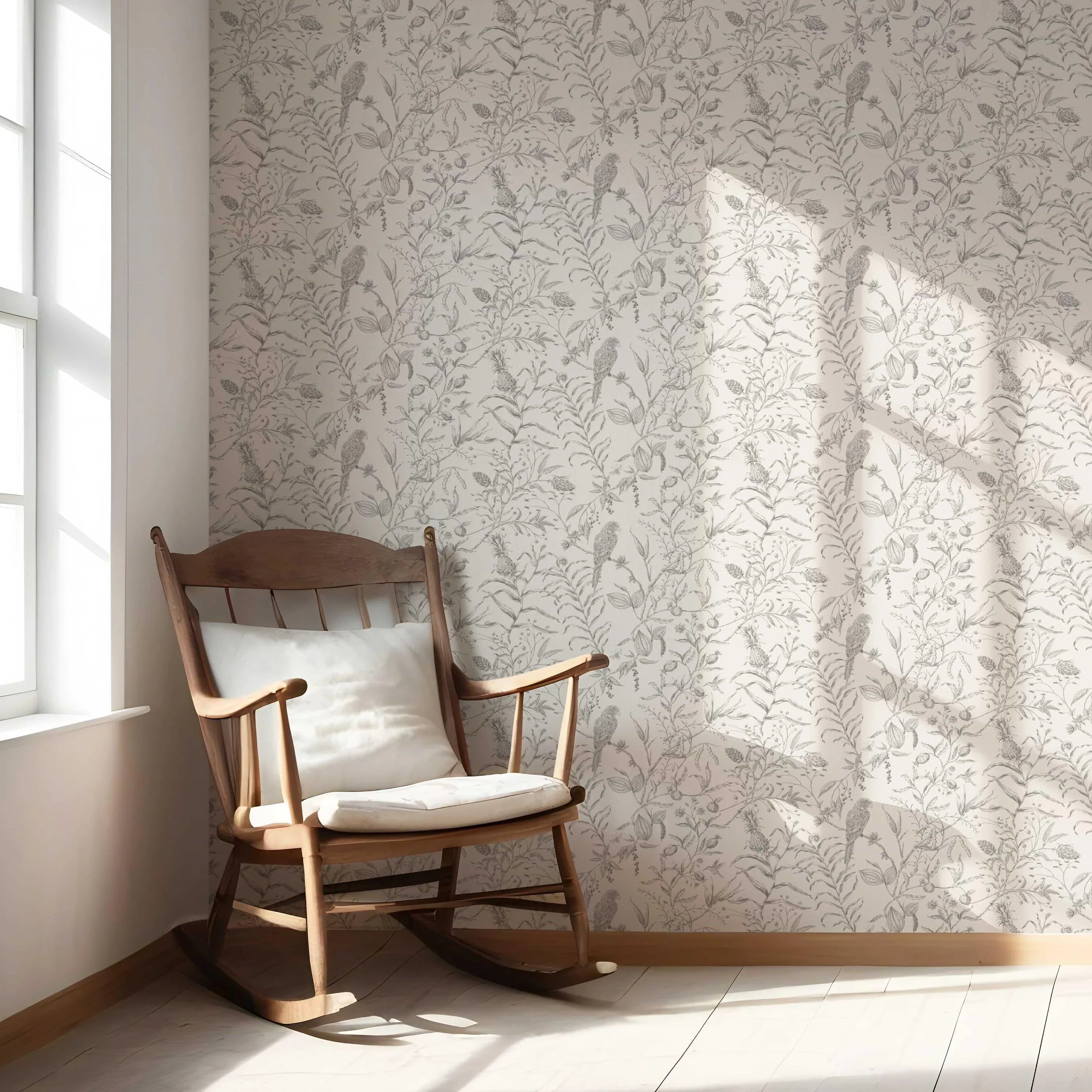 Birds Print/ Botanical Nursery Wallpaper Sample (Gray/ Off-White)