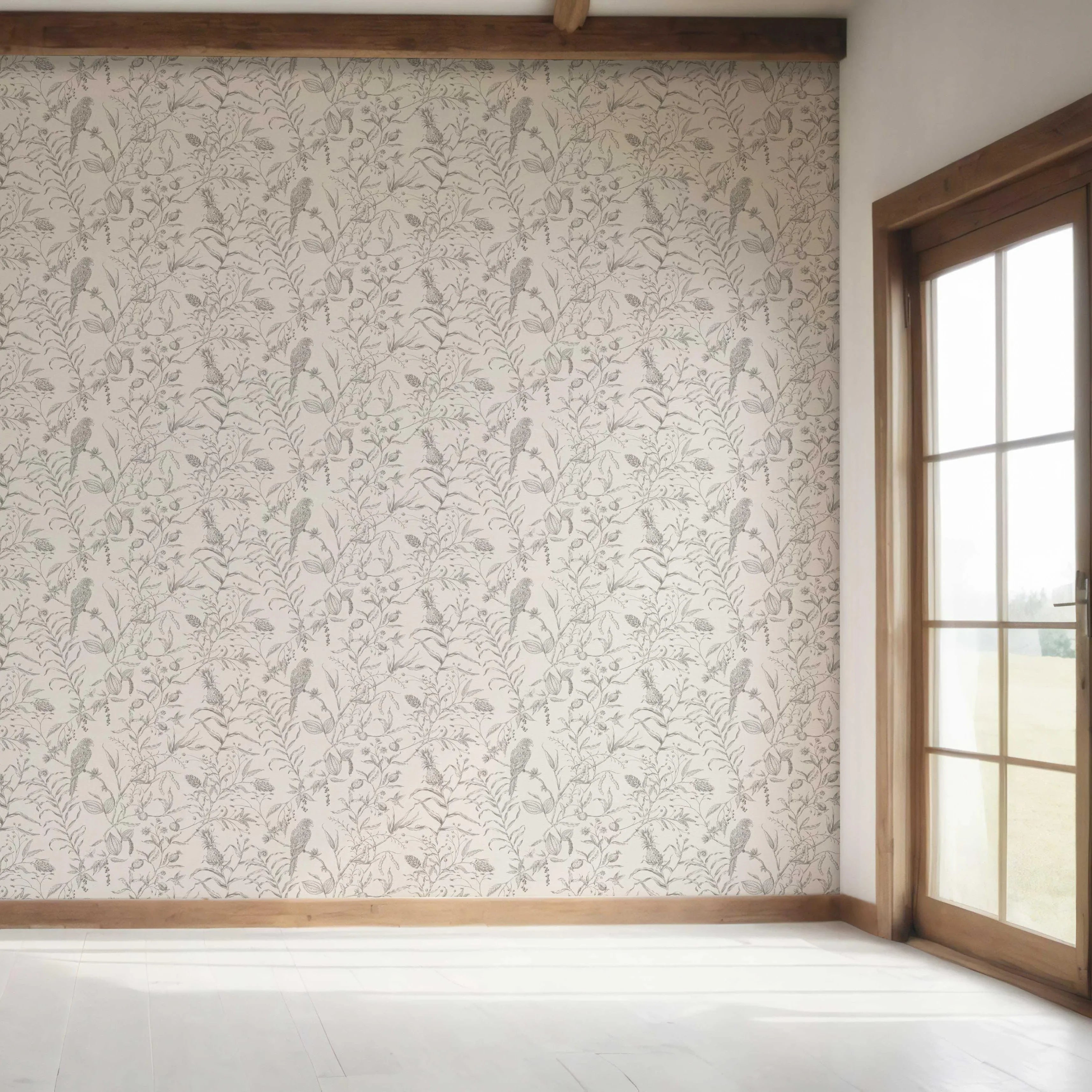 Birds Print/ Botanical Bedroom Wallpaper Sample (Gray/ Off-White)