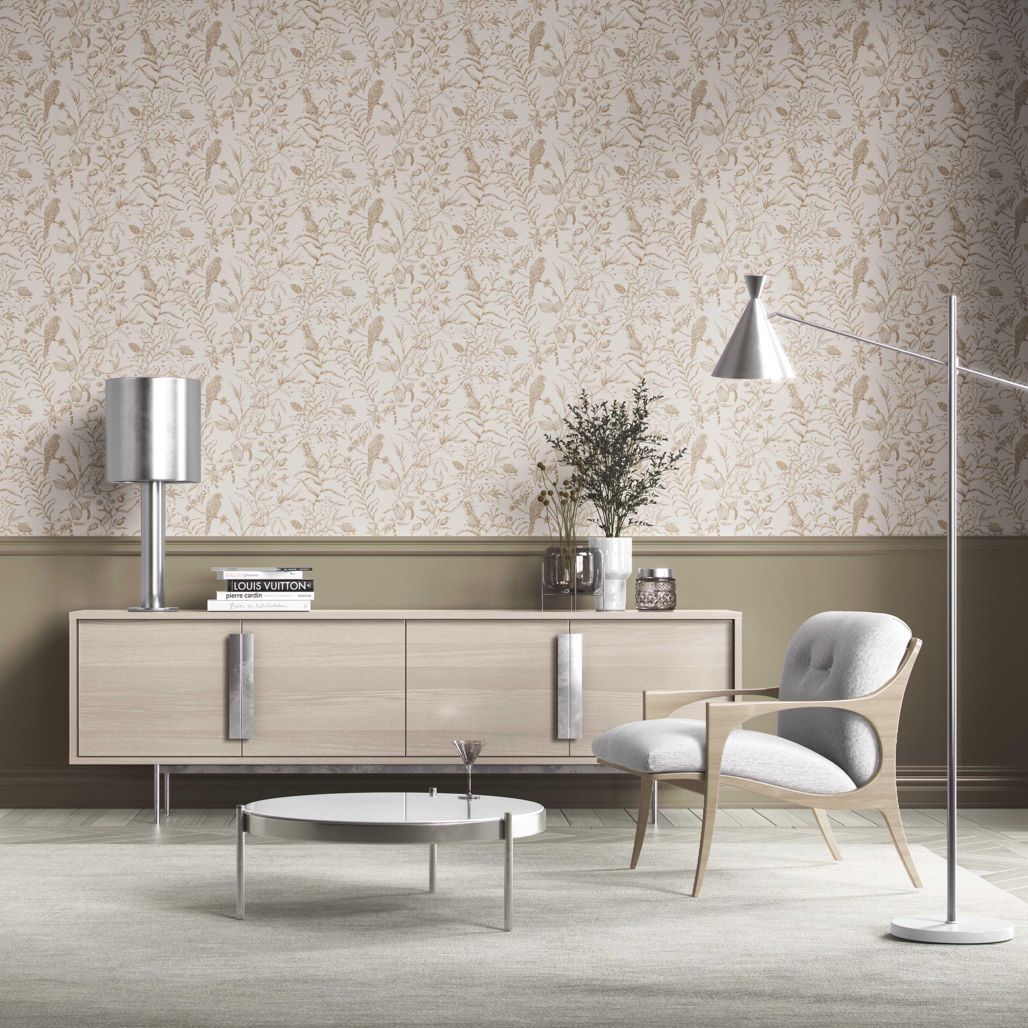 Birds Print/ Botanical Kitchen Wallpaper Sample (Beige/ Brown/ Warm Gray)