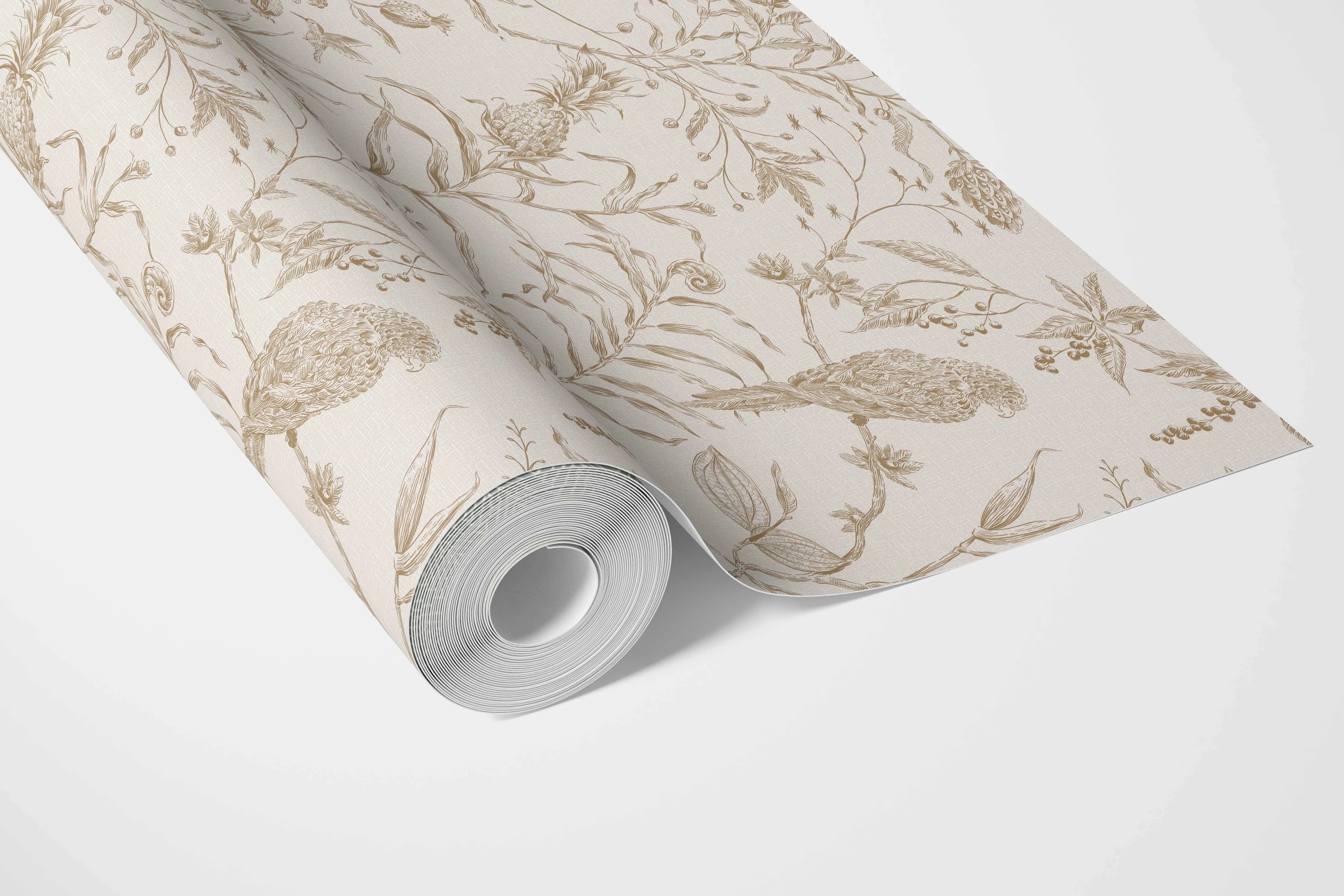 Birds Print/ Botanical Bathroom Wallpaper Sample (Beige/ Brown/ Warm Gray)