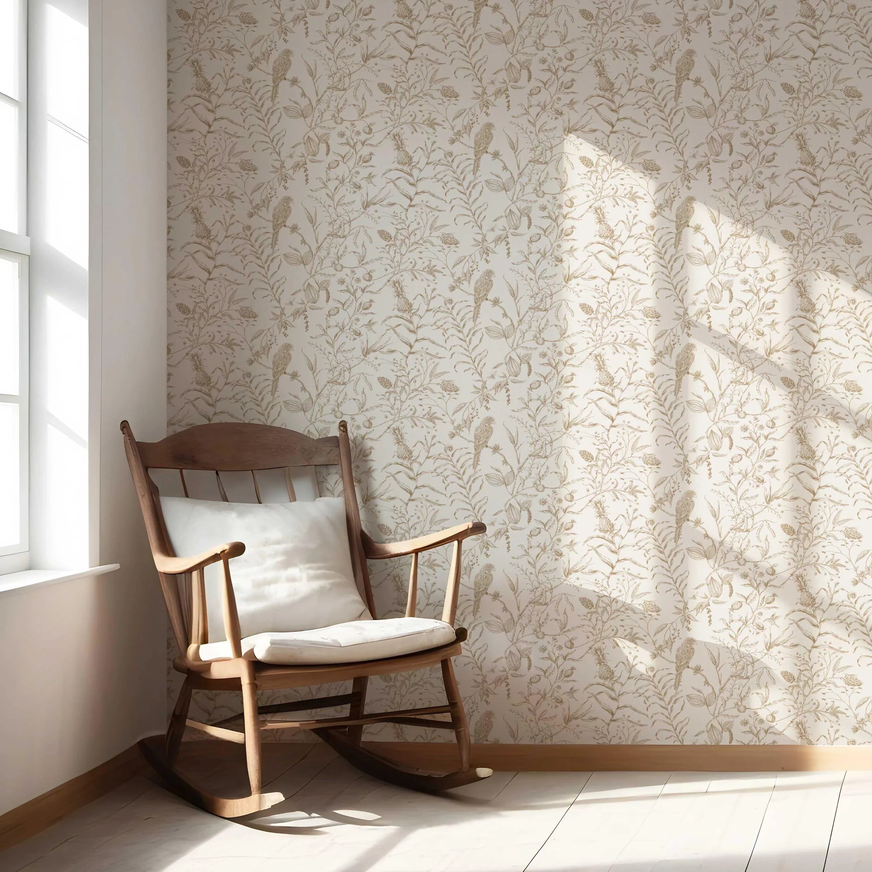 Birds Print/ Botanical Nursery Wallpaper Sample (Beige/ Brown/ Warm Gray)