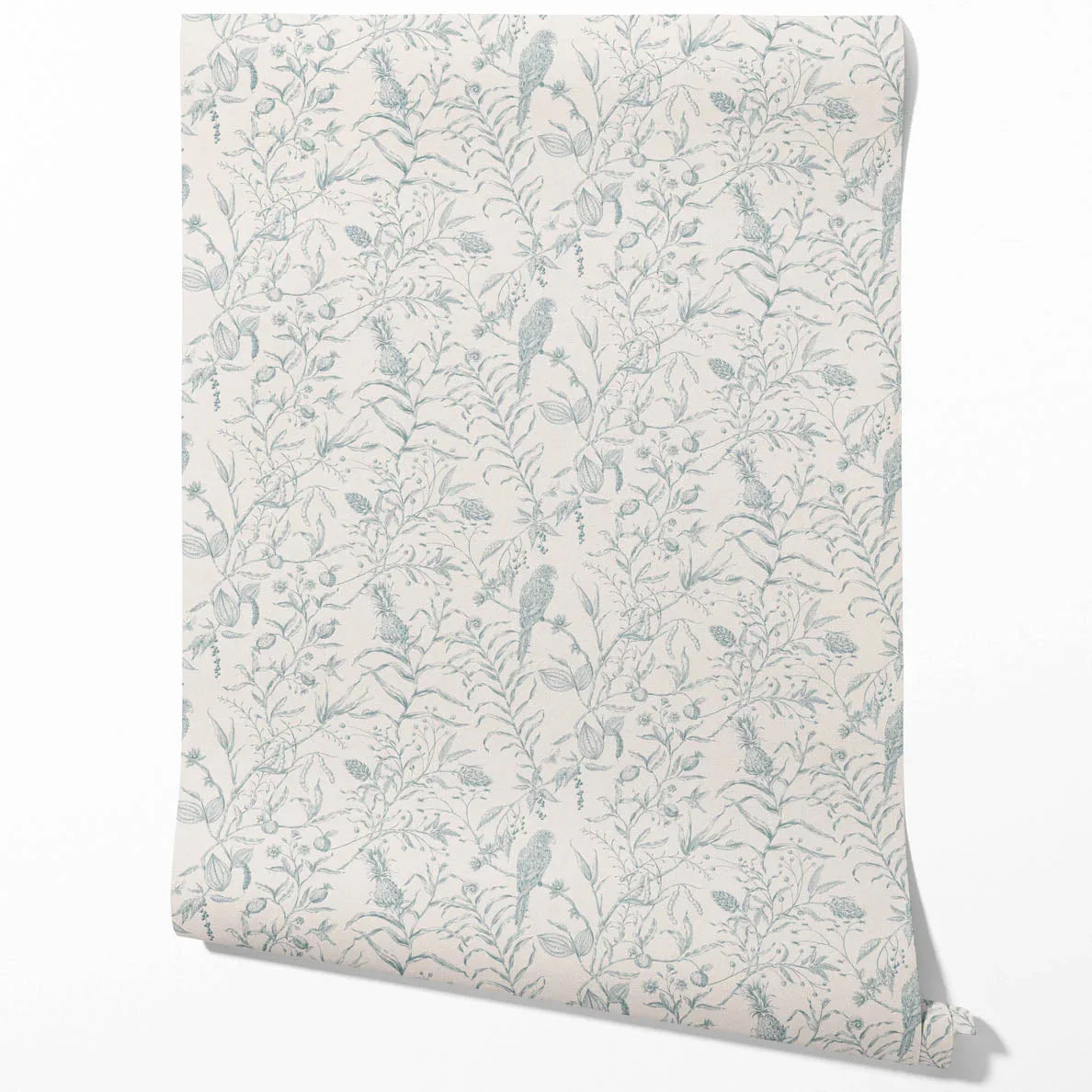 Birds Print/ Botanical Traditional Wallpaper Sample (Duck Egg Blue/ Off-White)