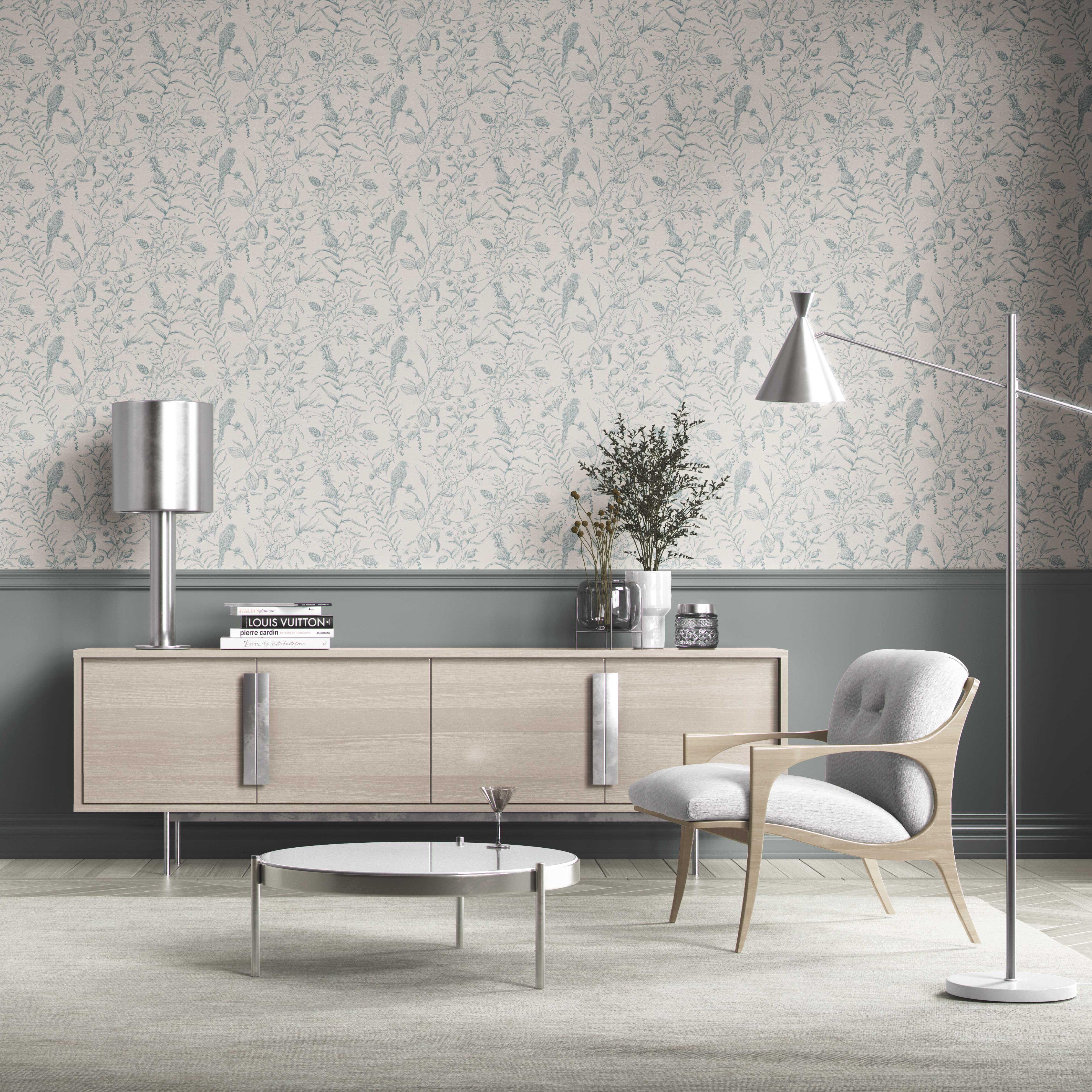 Birds Print/ Botanical Kitchen Wallpaper Sample (Duck Egg Blue/ Off-White)