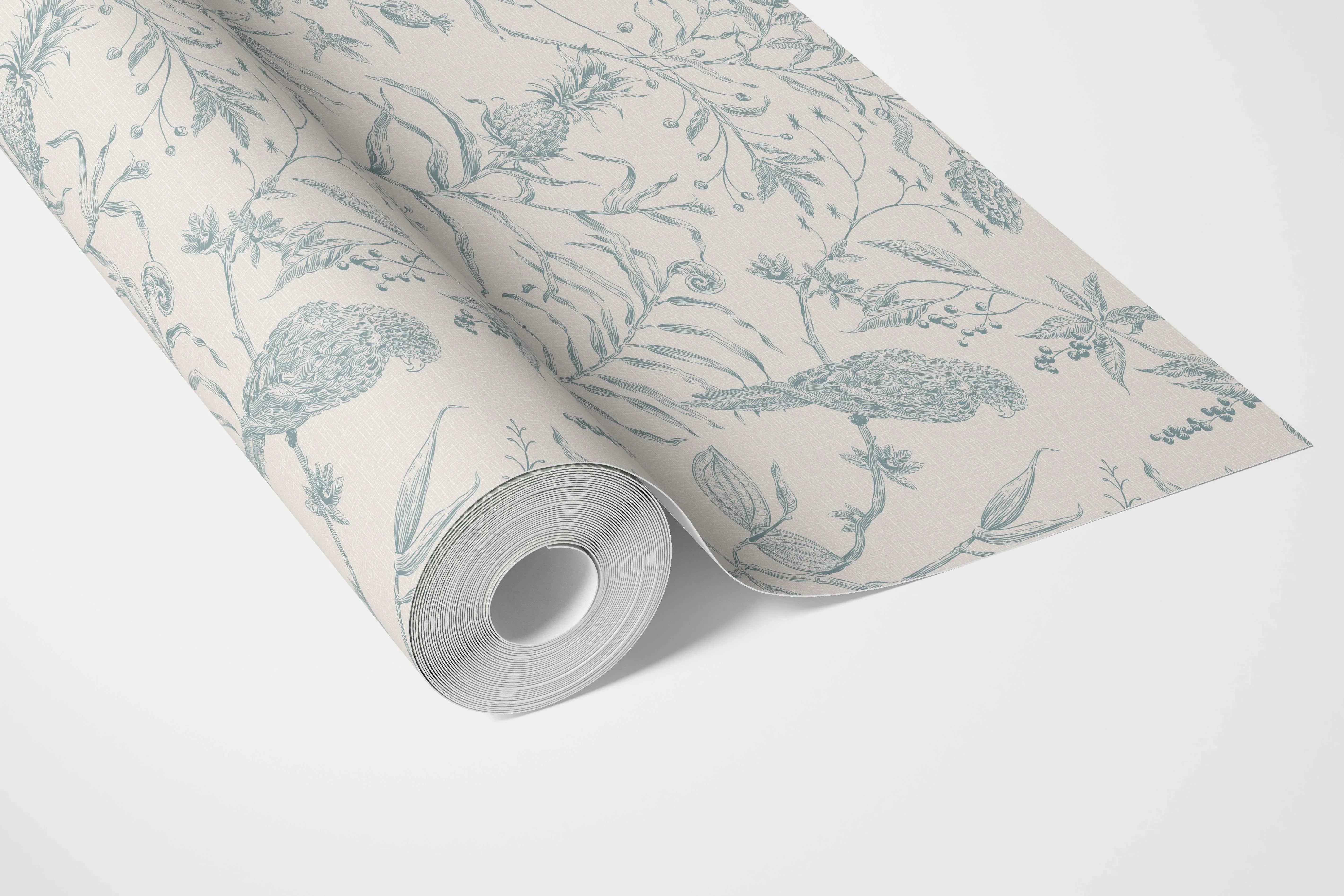 Birds Print/ Botanical Bathroom Wallpaper Sample (Duck Egg Blue/ Off-White)
