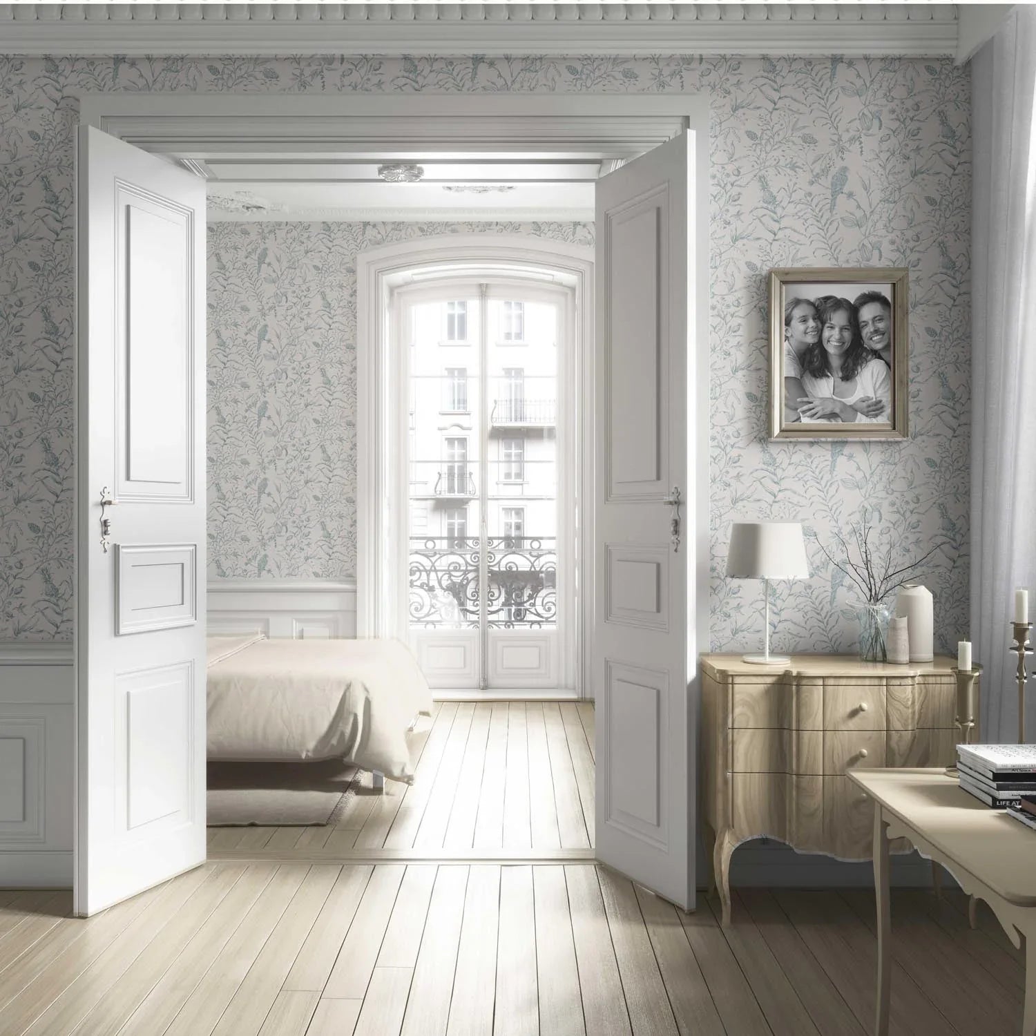 Birds Print/ Botanical Living Room Wallpaper Sample (Duck Egg Blue/ Off-White)