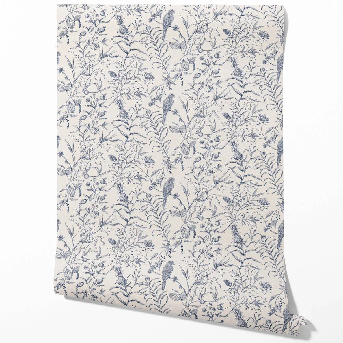 Birds Print/ Botanical Traditional Wallpaper Sample (Navy Blue)