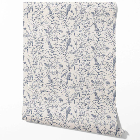 Birds Print/ Botanical Traditional Wallpaper Sample (Navy Blue)