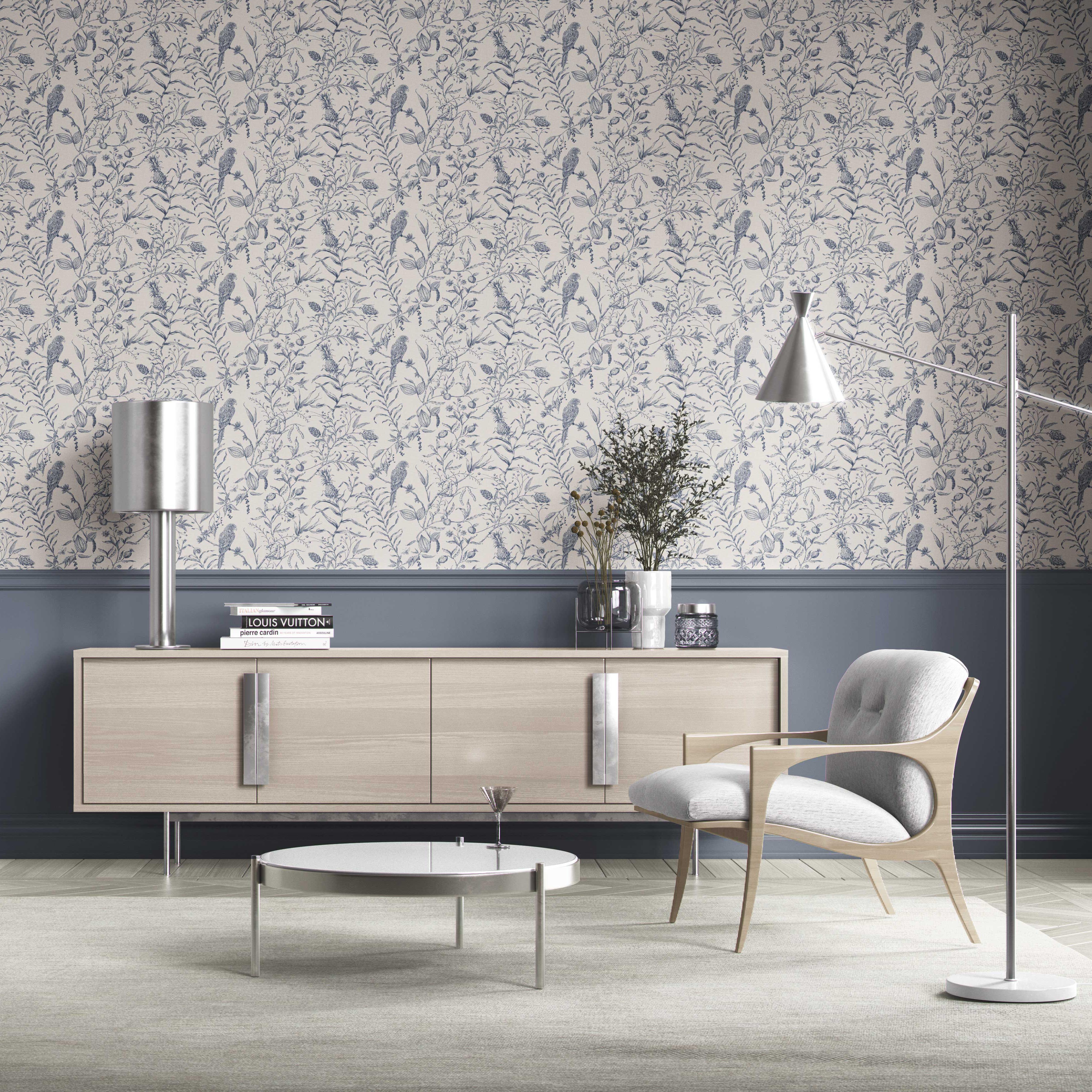 Birds Print/ Botanical Kitchen Wallpaper Sample (Navy Blue)