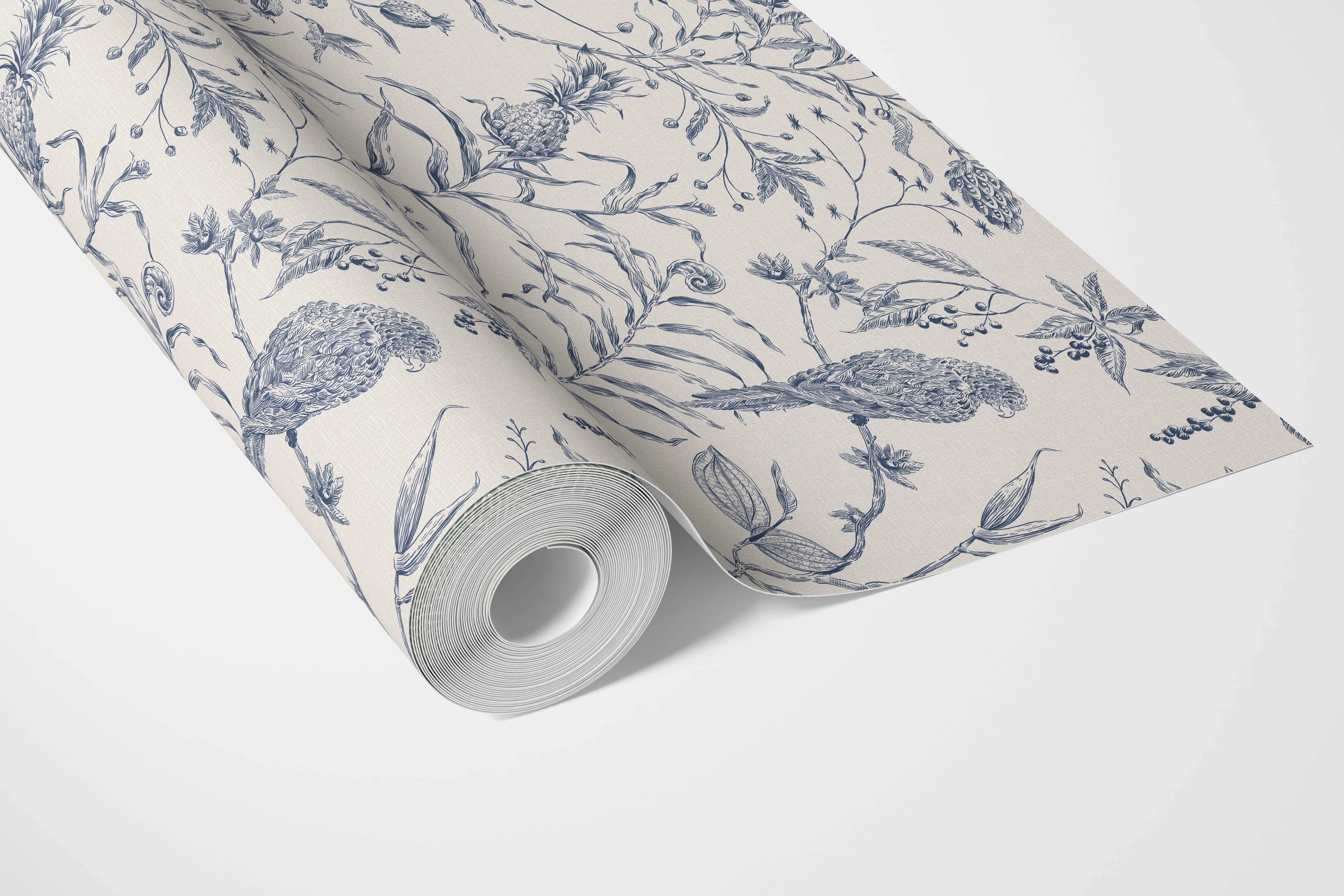 Birds Print/ Botanical Bathroom Wallpaper Sample (Navy Blue)