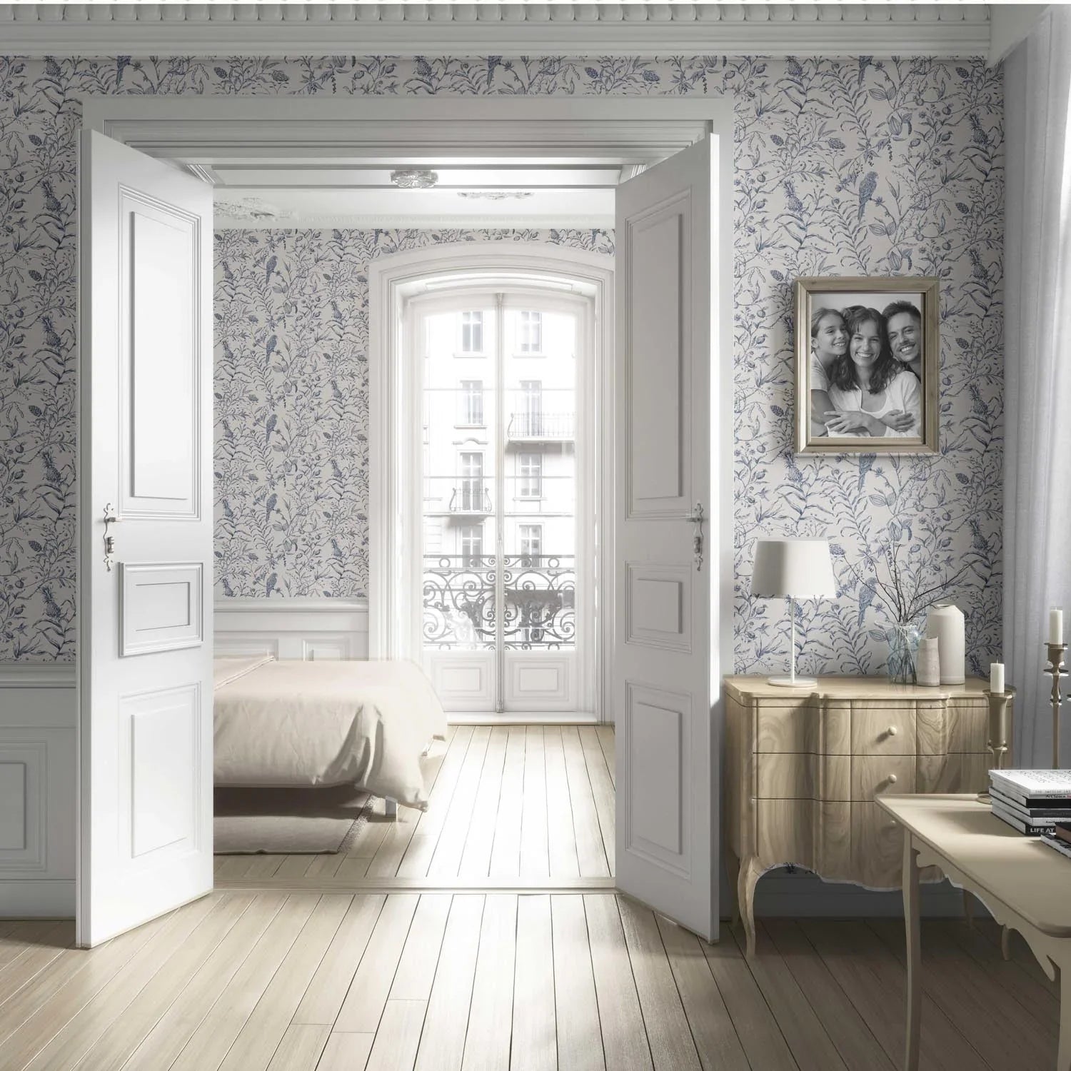 Birds Print/ Botanical Living Room Wallpaper Sample (Navy Blue)