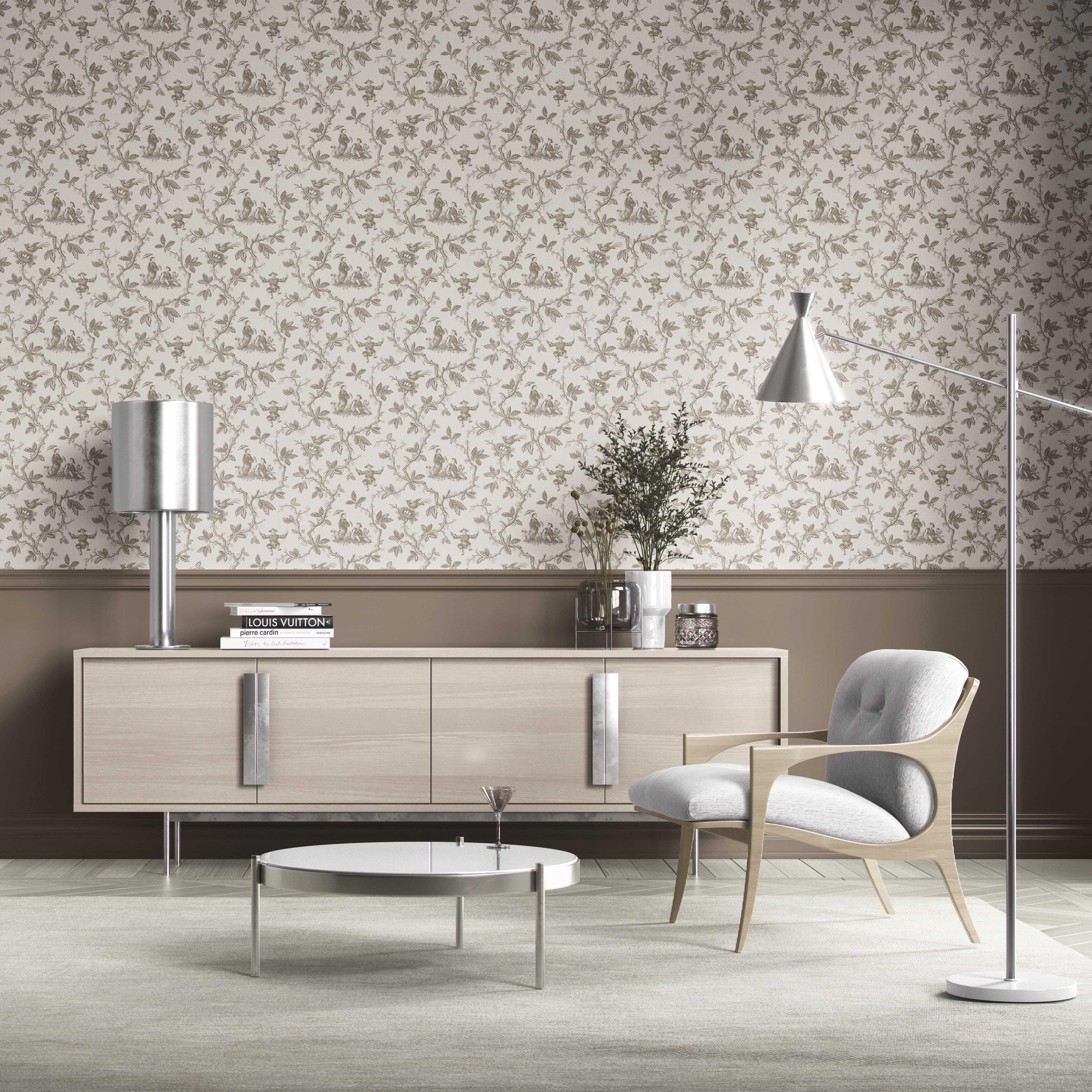 Floral Toile de Jouy Kitchen Wallpaper Sample (Beige/ Brown/ Taupe)