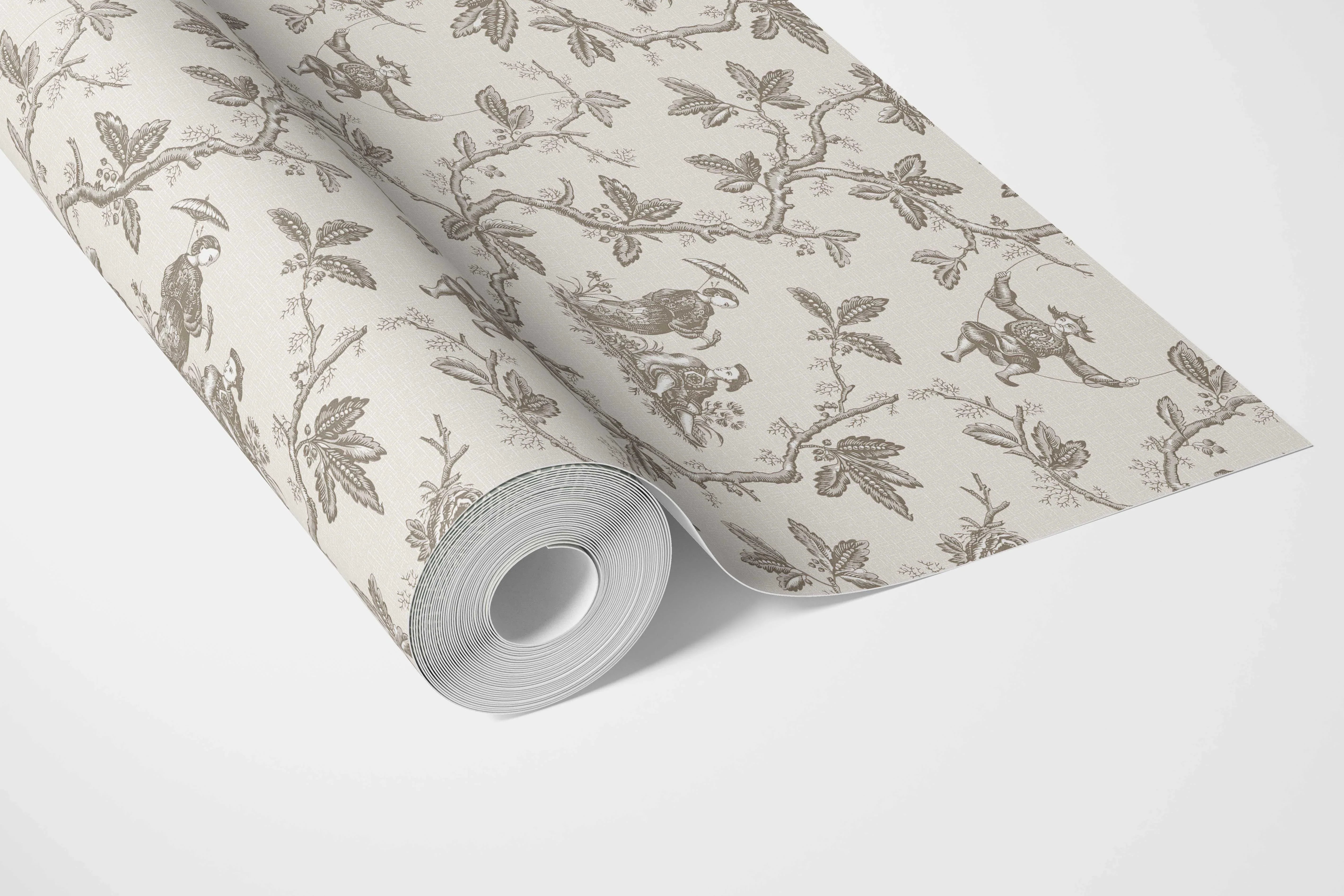 Floral Toile de Jouy Bathroom Wallpaper Sample (Beige/ Brown/ Taupe)