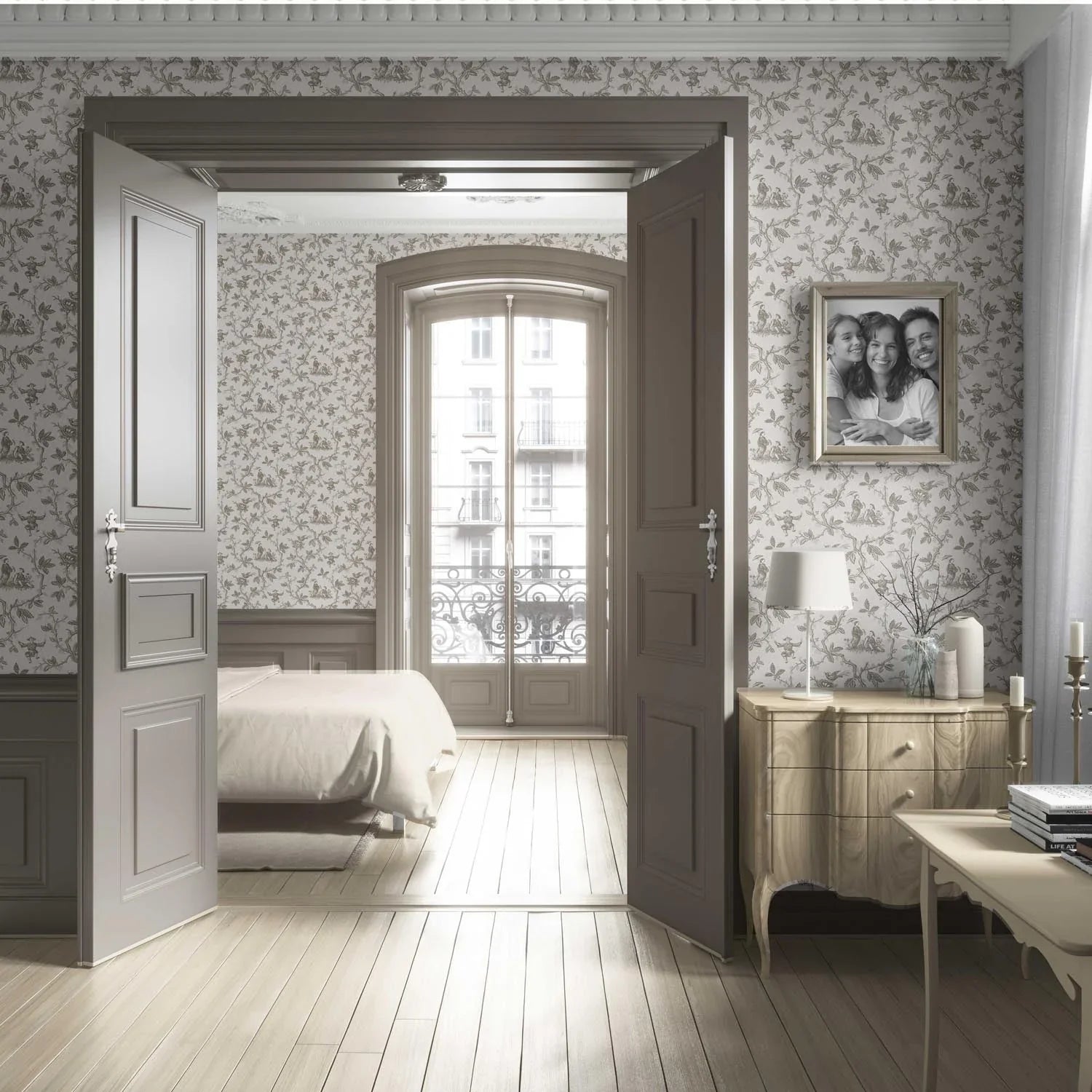 Floral Toile de Jouy Living Room Wallpaper Sample (Beige/ Brown/ Taupe)