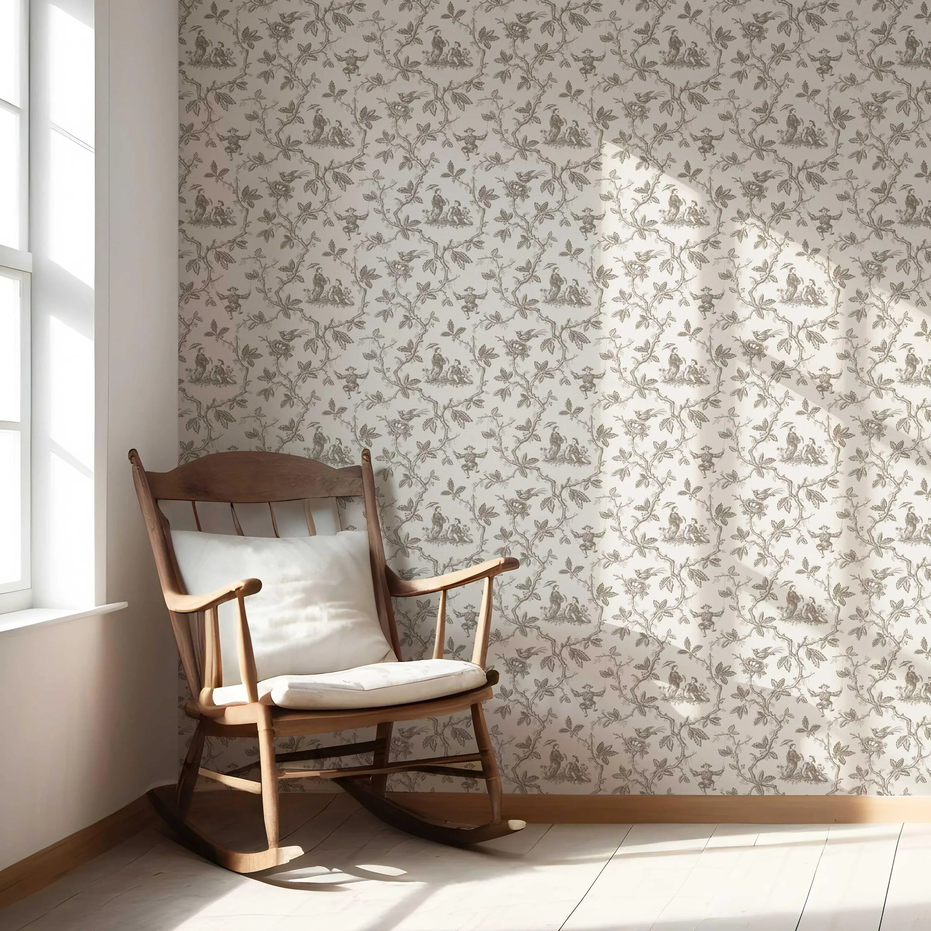 Floral Toile de Jouy Nursery Wallpaper Sample (Beige/ Brown/ Taupe)