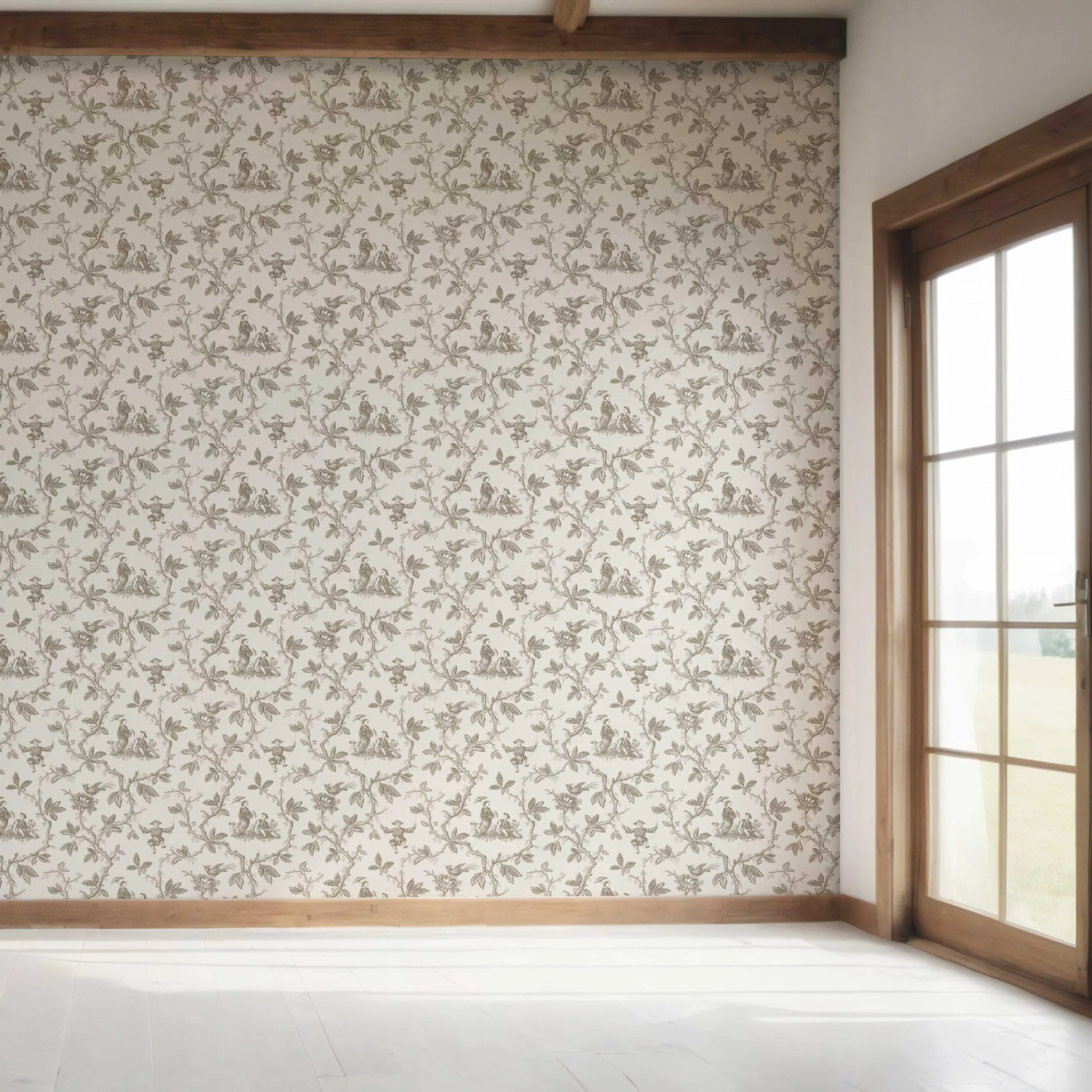 Floral Toile de Jouy Bedroom Wallpaper Sample (Beige/ Brown/ Taupe)