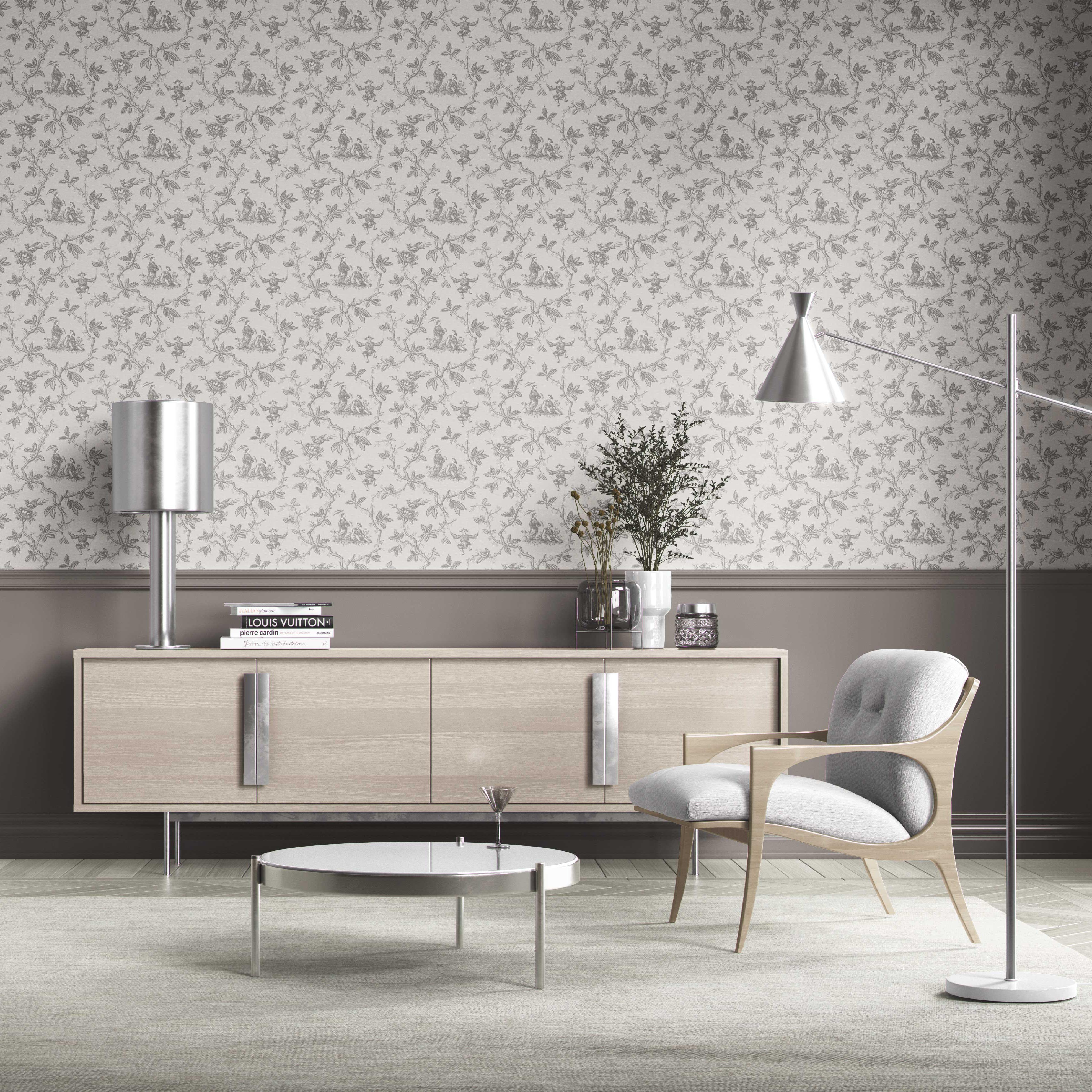 Floral Toile de Jouy Kitchen Wallpaper Sample (Gray/ Off-White)