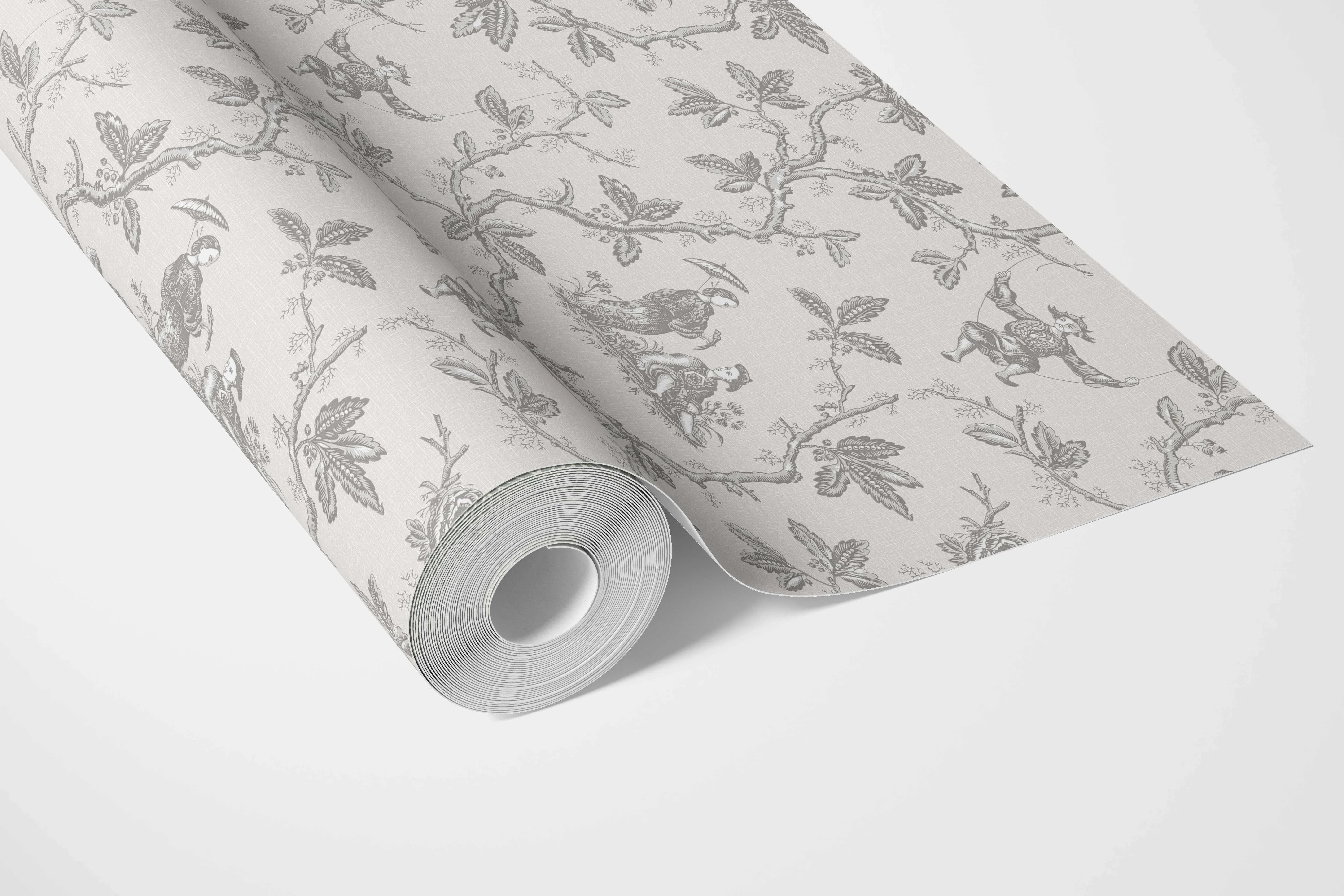 Floral Toile de Jouy Bathroom Wallpaper Sample (Gray/ Off-White)