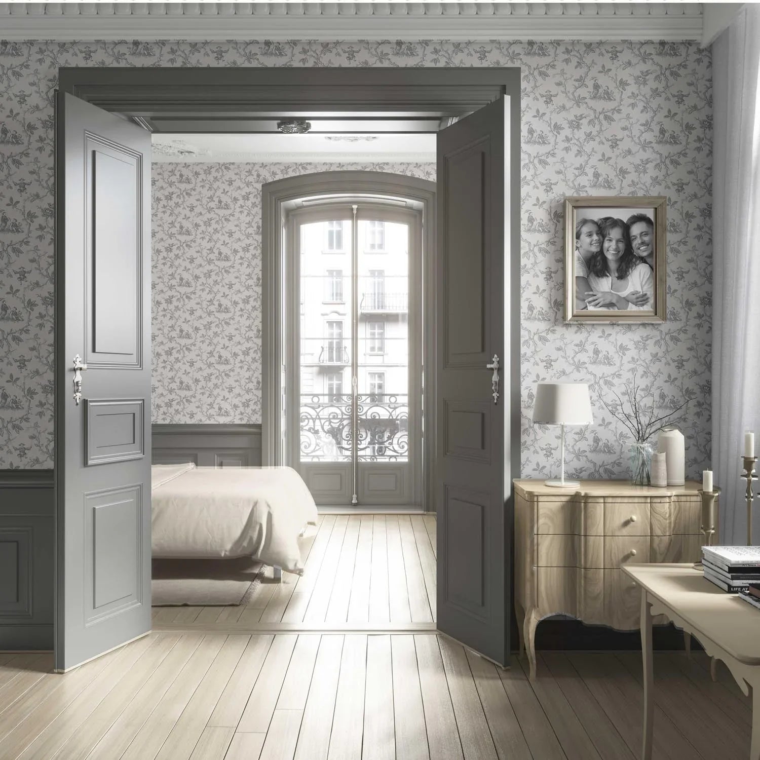 Floral Toile de Jouy Living Room Wallpaper Sample (Gray/ Off-White)