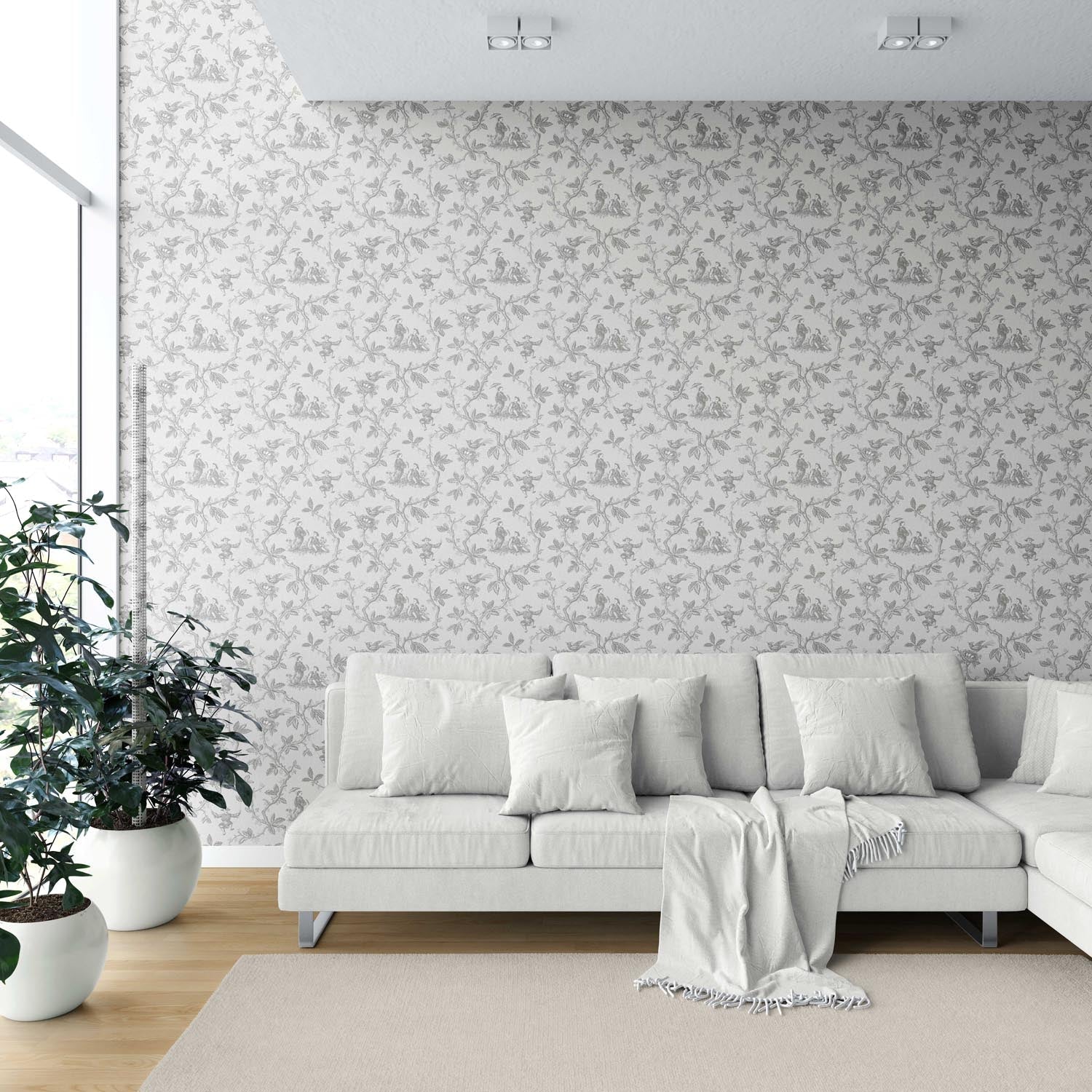 Floral Toile de Jouy Shower Toilet Wallpaper Sample (Gray/ Off-White)