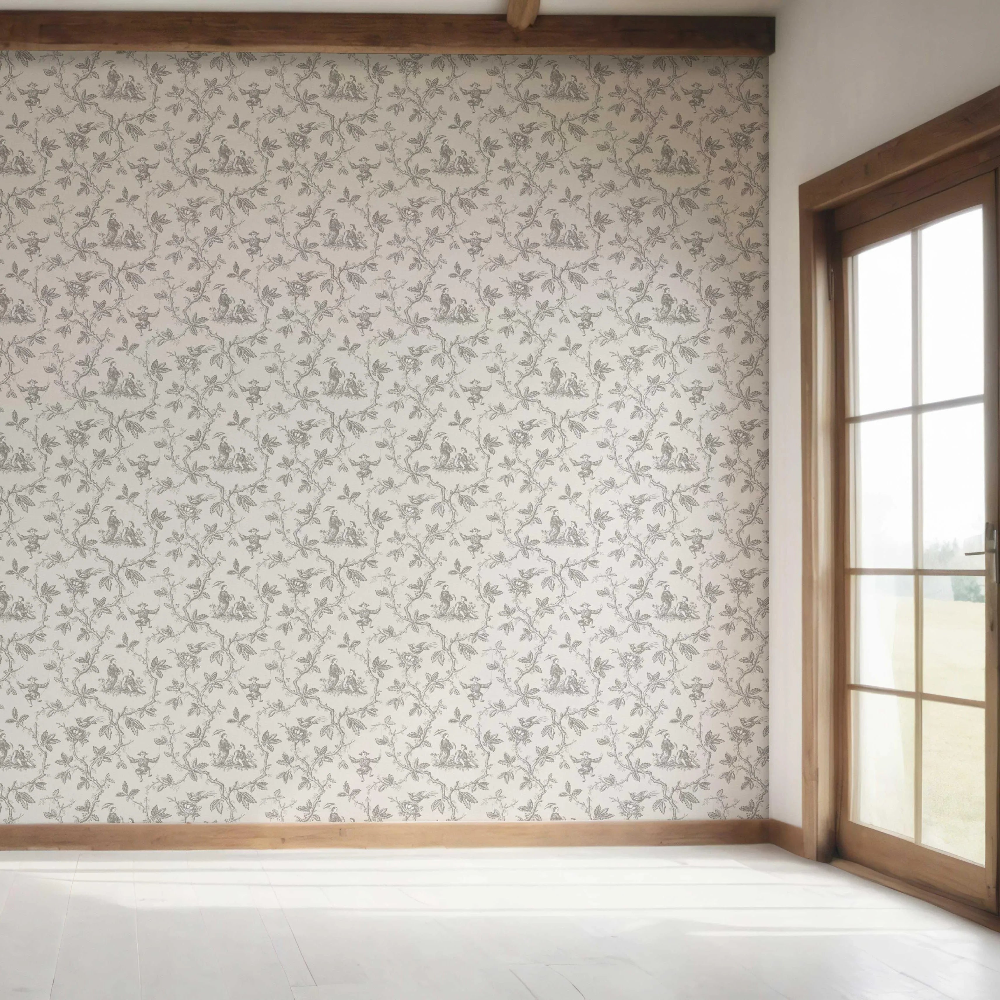 Floral Toile de Jouy Bedroom Wallpaper Sample (Gray/ Off-White)