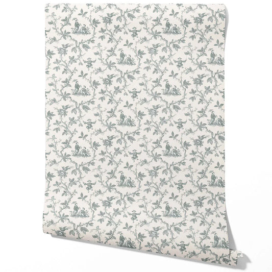 Floral Toile de Jouy Traditional Wallpaper Sample (Blue-Gray/ Off-White)