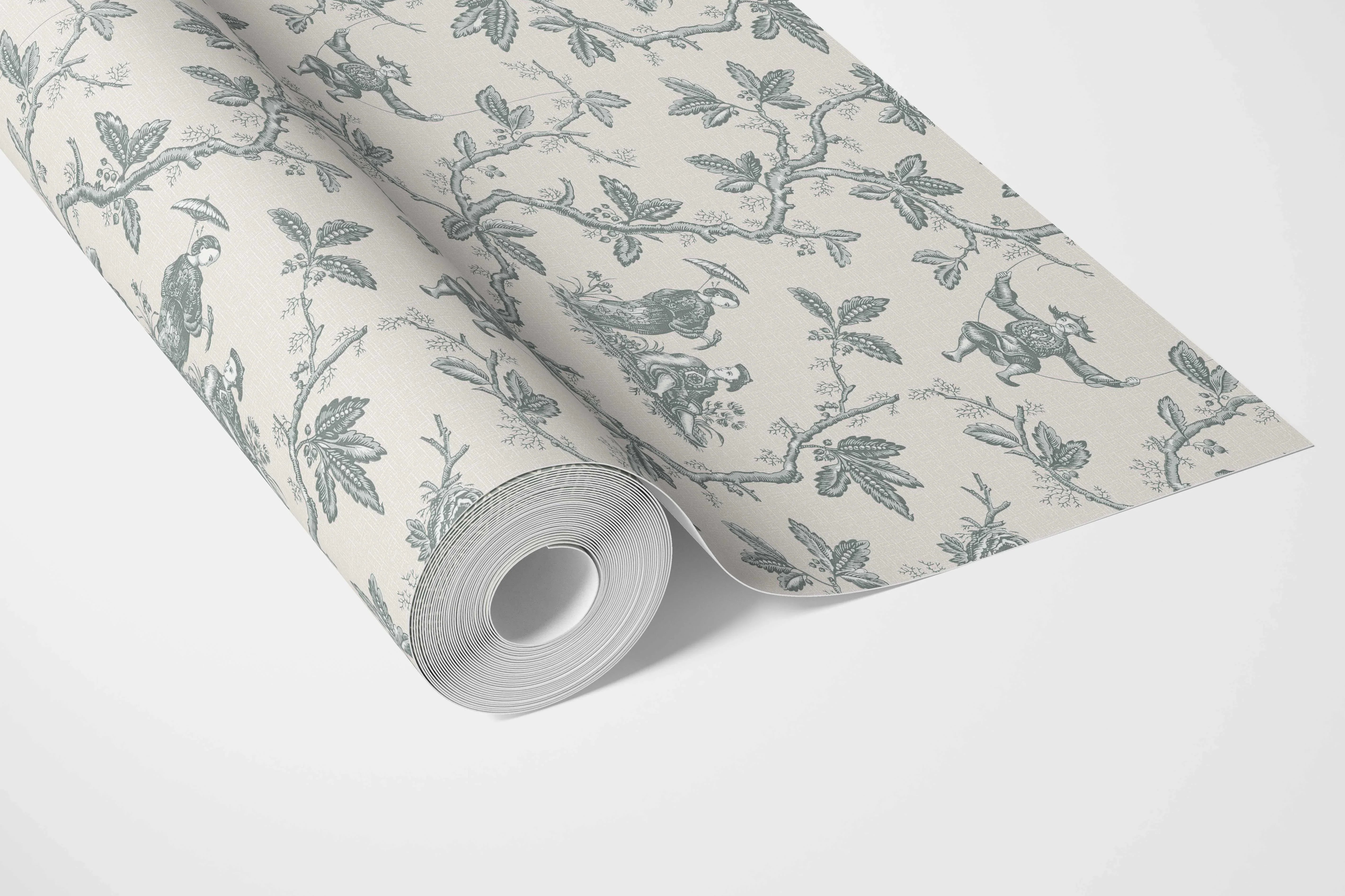 Floral Toile de Jouy Bathroom Wallpaper (Blue-Gray/ Off-White)