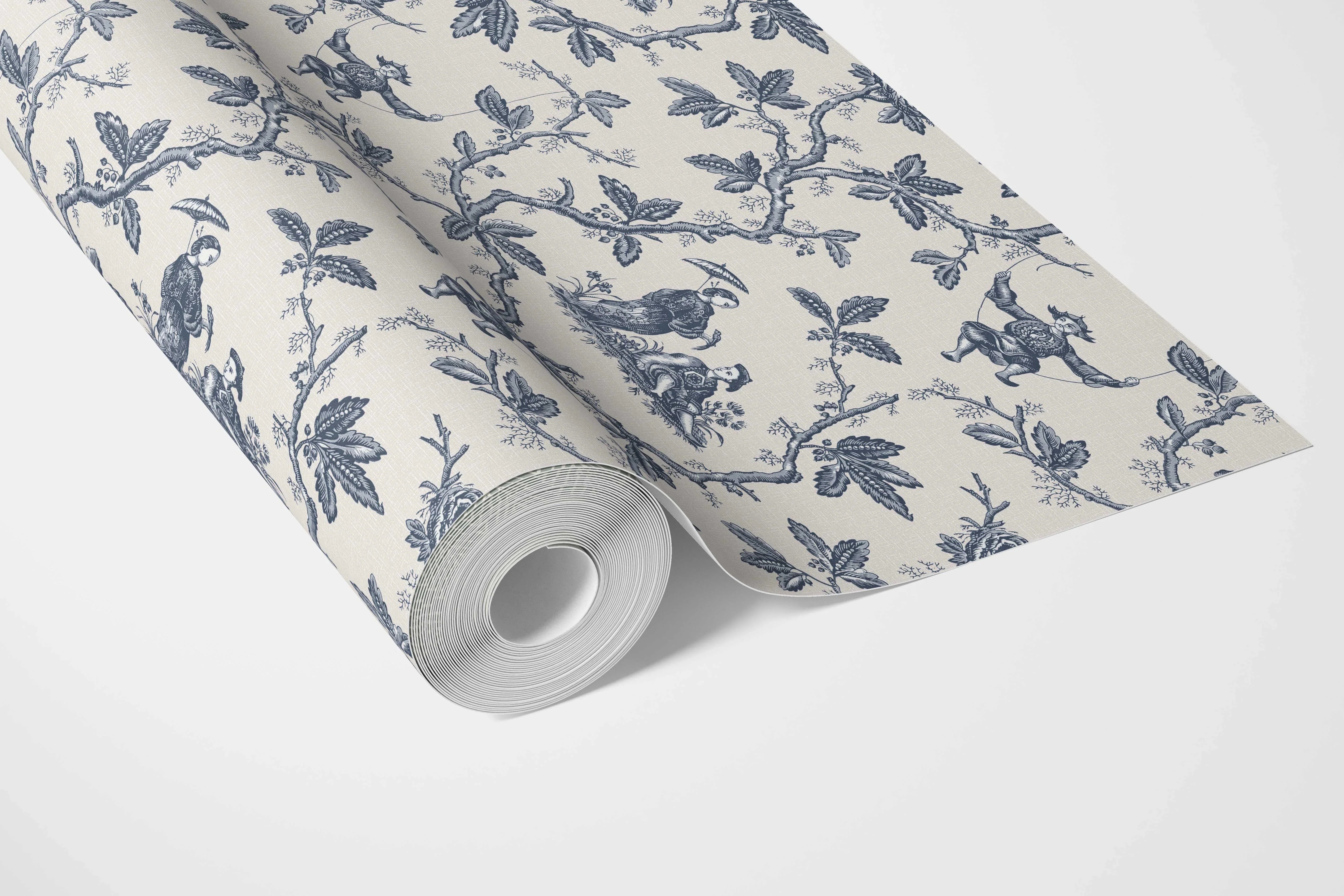 Floral Toile de Jouy Bathroom Wallpaper Sample (Navy Blue/ Off-White)