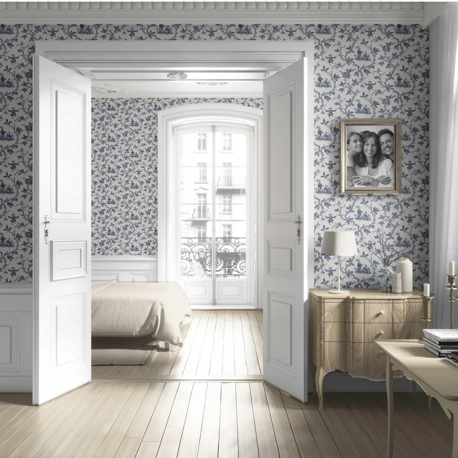 Floral Toile de Jouy Living Room Wallpaper Sample (Navy Blue/ Off-White)