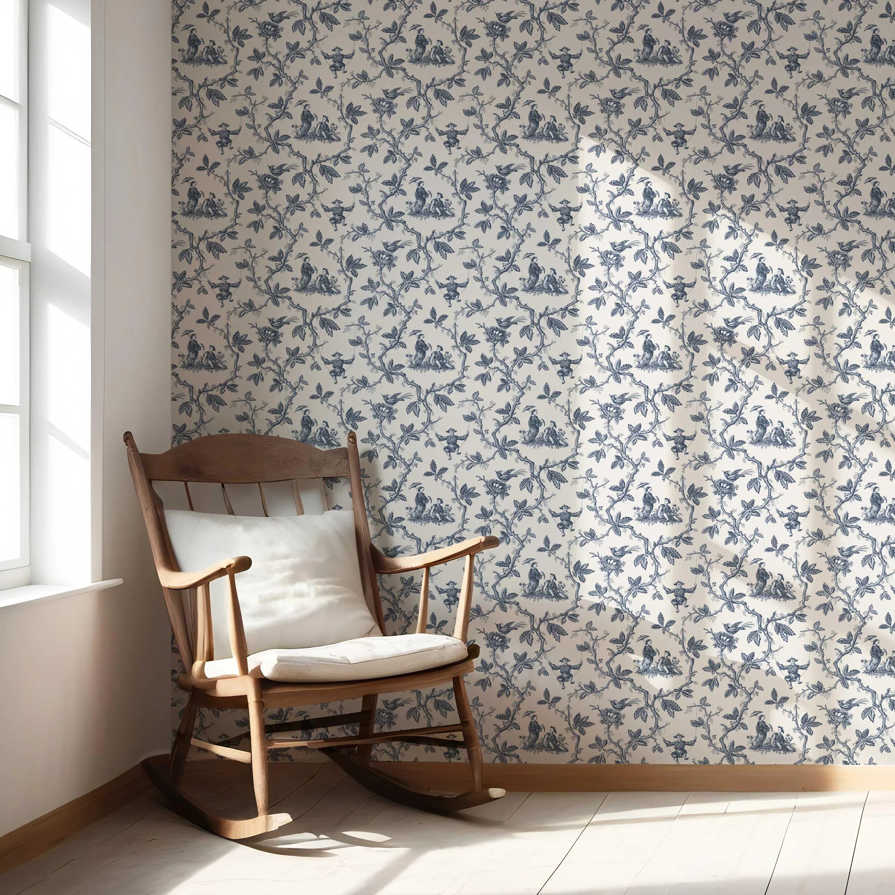 Floral Toile de Jouy Nursery Wallpaper Sample (Navy Blue/ Off-White)