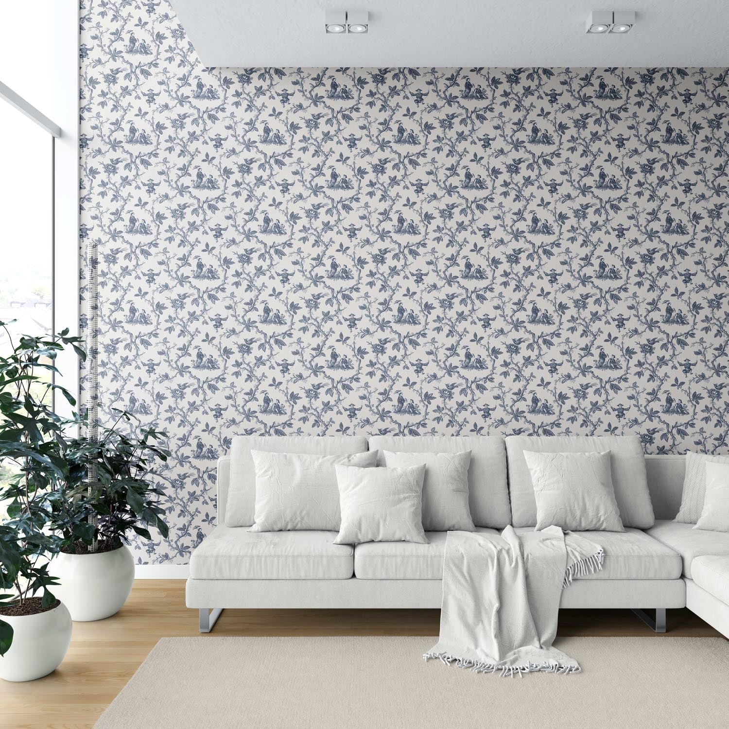 Floral Toile de Jouy Shower Toilet Wallpaper Sample (Navy Blue/ Off-White)