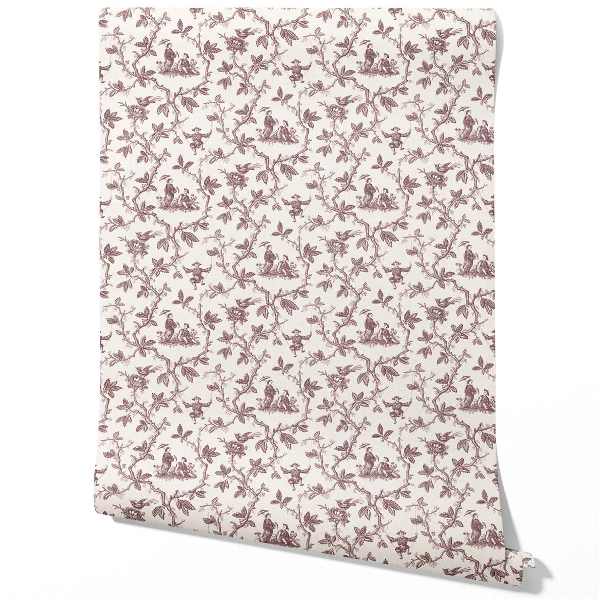 Floral Toile de Jouy Traditional Wallpaper (Brick Red/ Deep Pink)