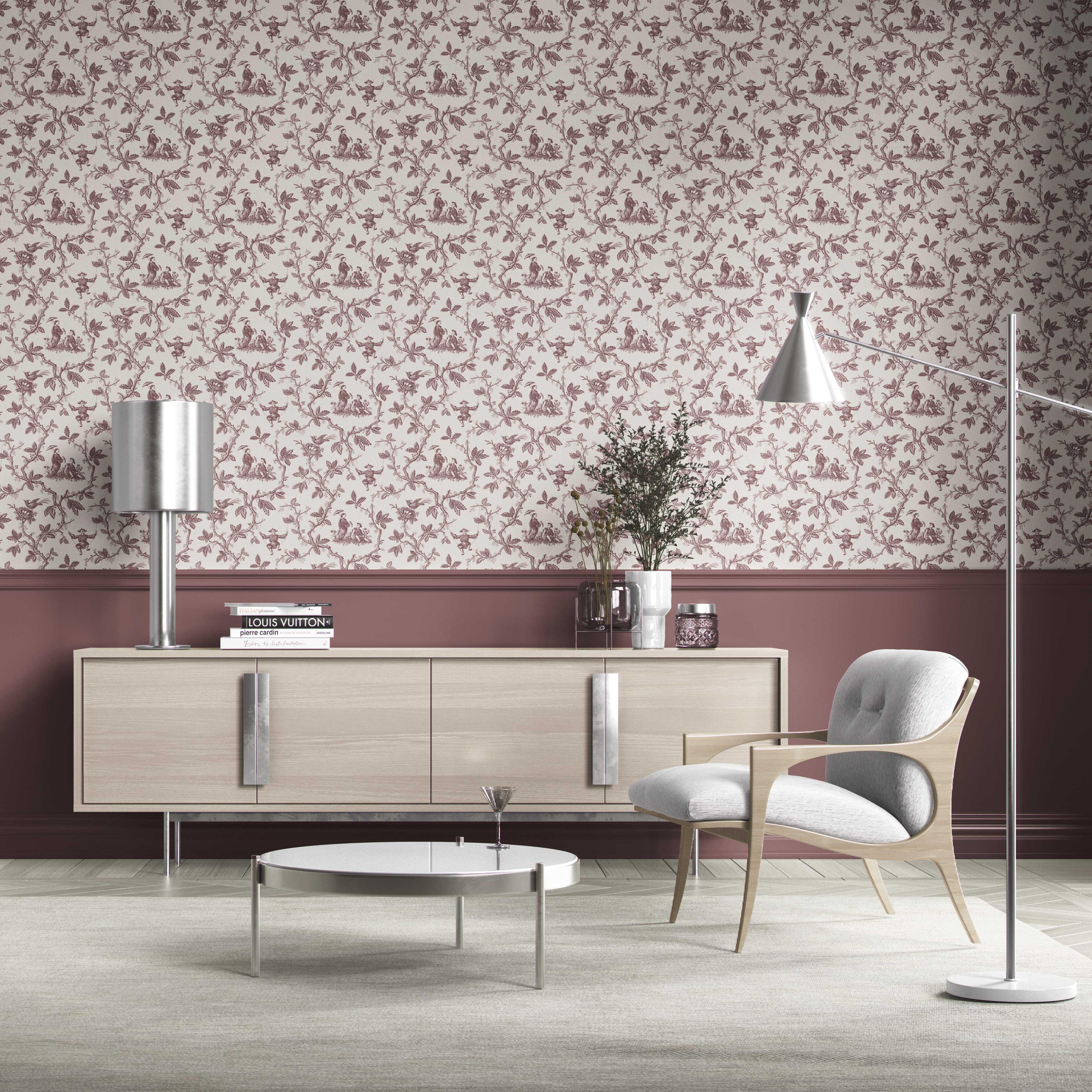 Floral Toile de Jouy Kitchen Wallpaper (Brick Red/ Deep Pink)