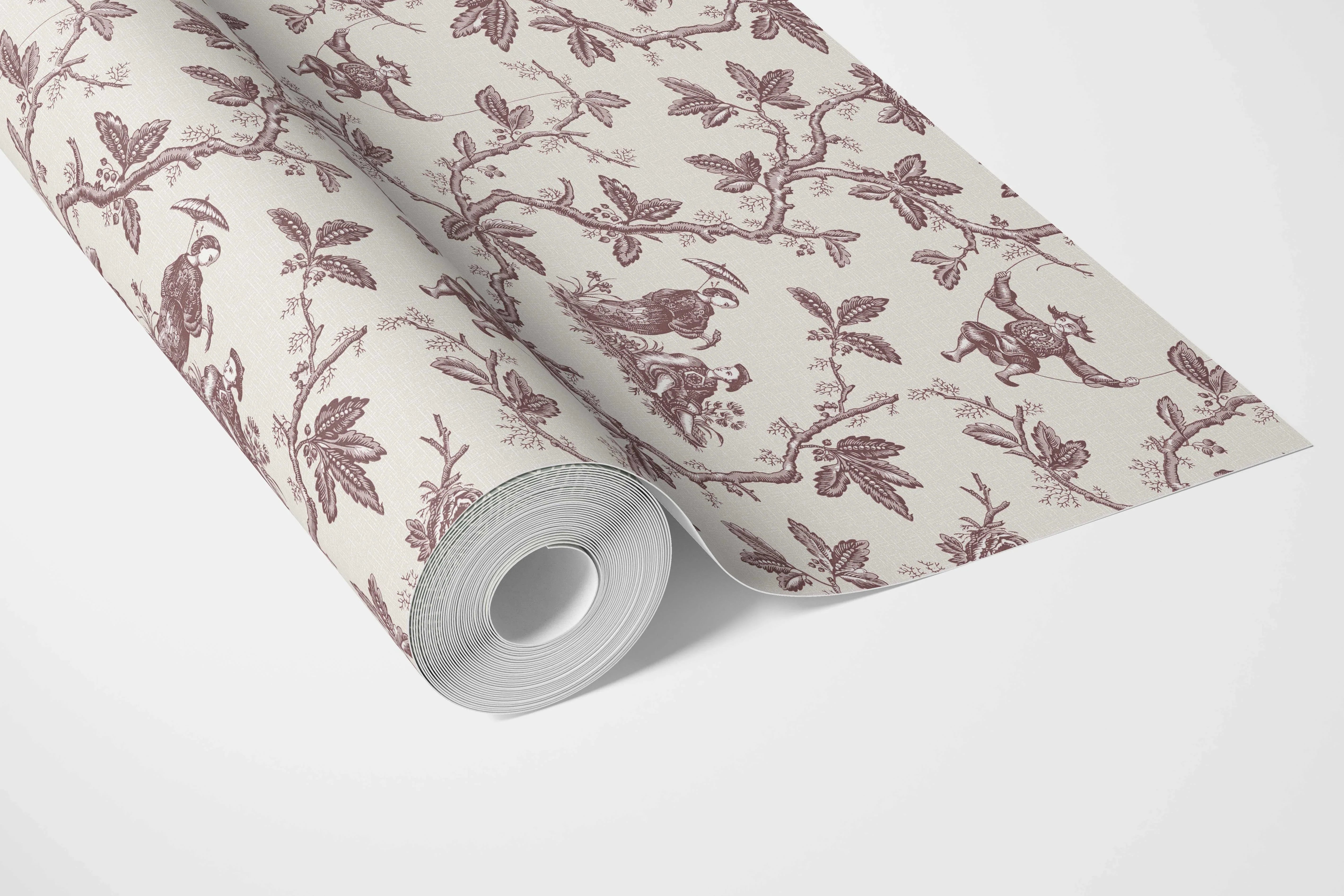 Floral Toile de Jouy Bathroom Wallpaper (Brick Red/ Deep Pink)