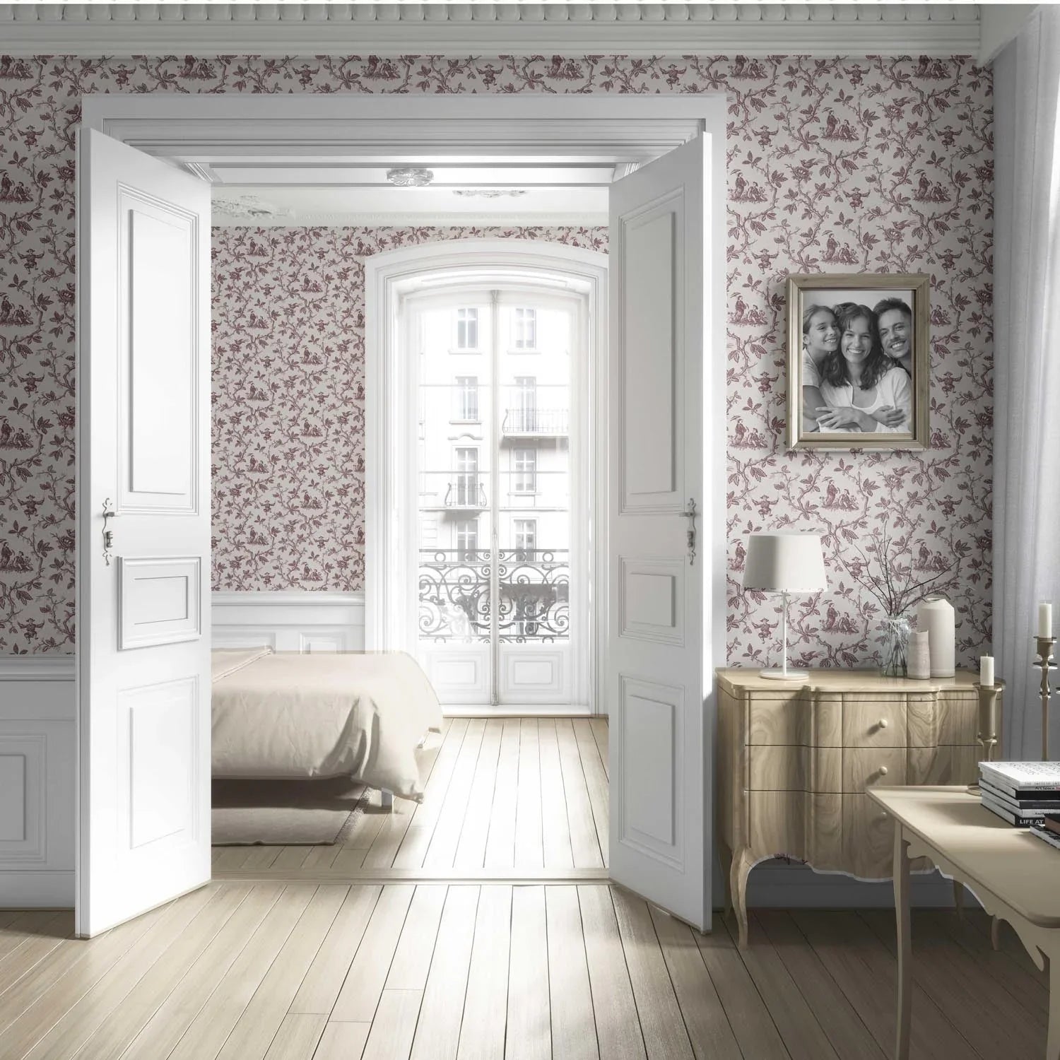Floral Toile de Jouy Living Room Wallpaper (Brick Red/ Deep Pink)